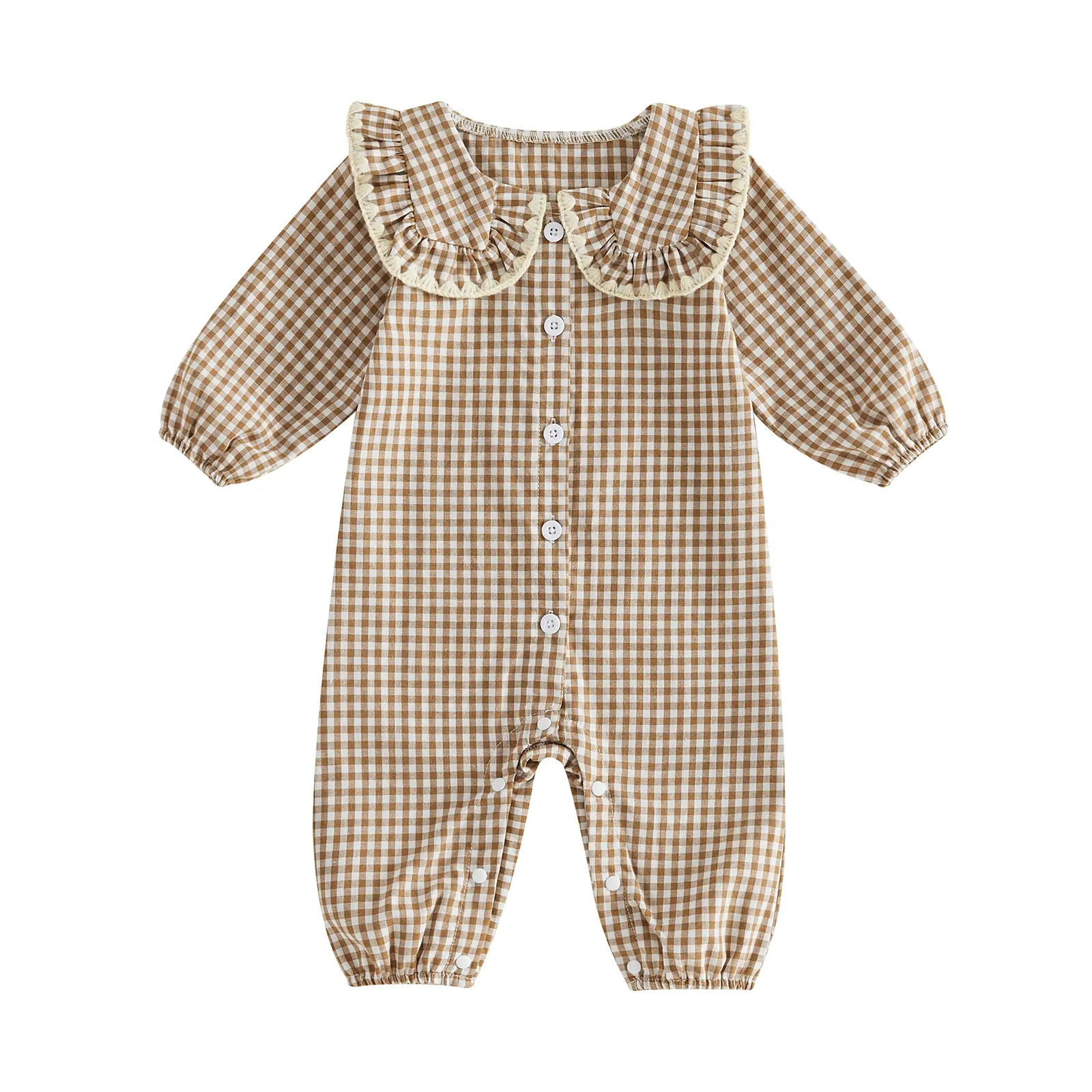 Saliuentm Newborn Baby Girl Cotton Fall Outfit, 12-18 Months, 50-67 cm, Peter Pan Collar Long Sleeve Button-Up Checkered Romper Jumpsuit (Baby & Maternity Gift Set)