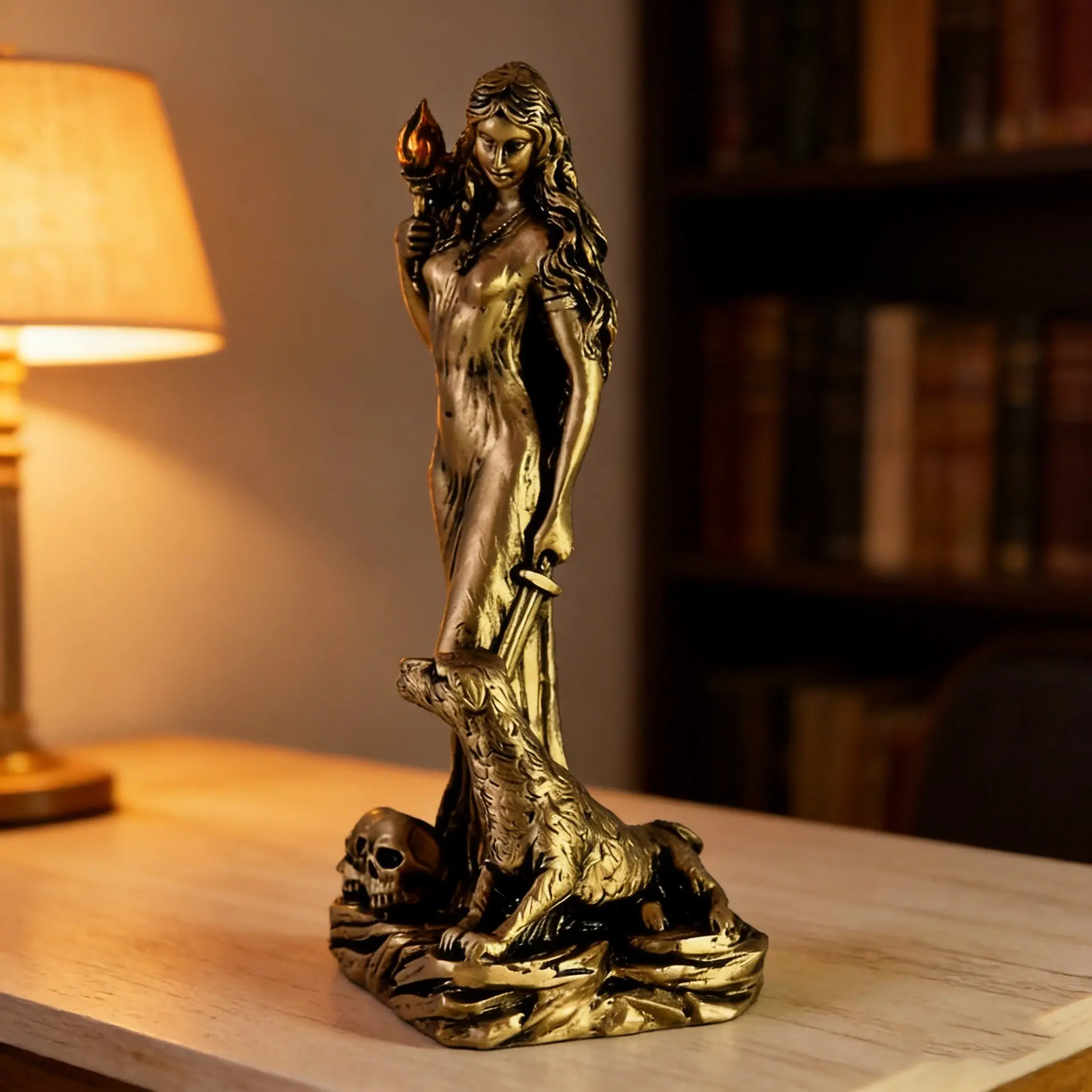 Vintage Bronze-Style Hecate Goddess Resin Figurine 20cm, Greek Mythology Triple Goddess Tarot Home Decor, Elegant Sculpture for Living Room