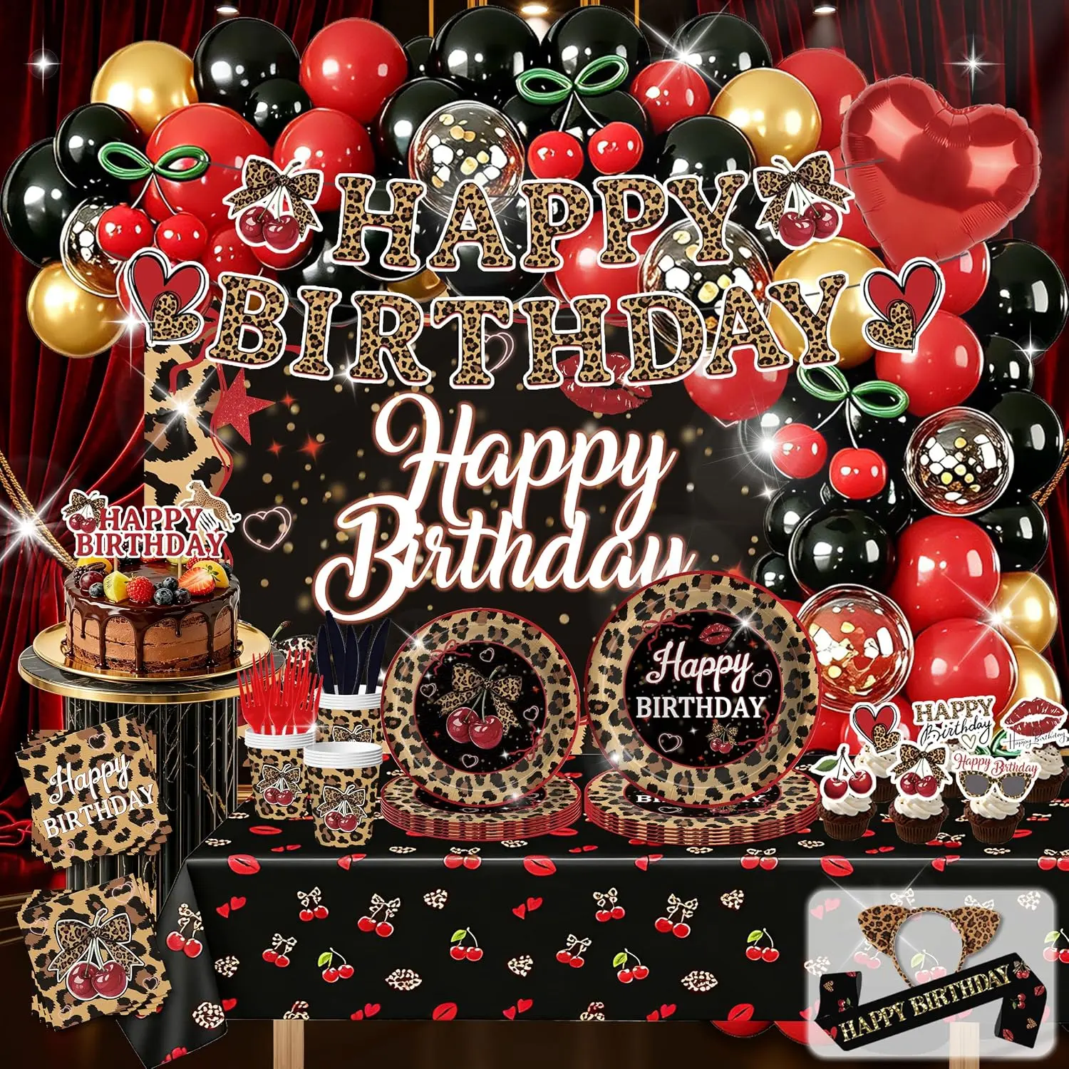 Red Cheetah Print Birthday Decoration,Cherry Leopard Print for 20 Guests,Includes Balloons Tableware Banner Backdrop and Tablecloths,Cheetah and Cherry Birthday Decorations