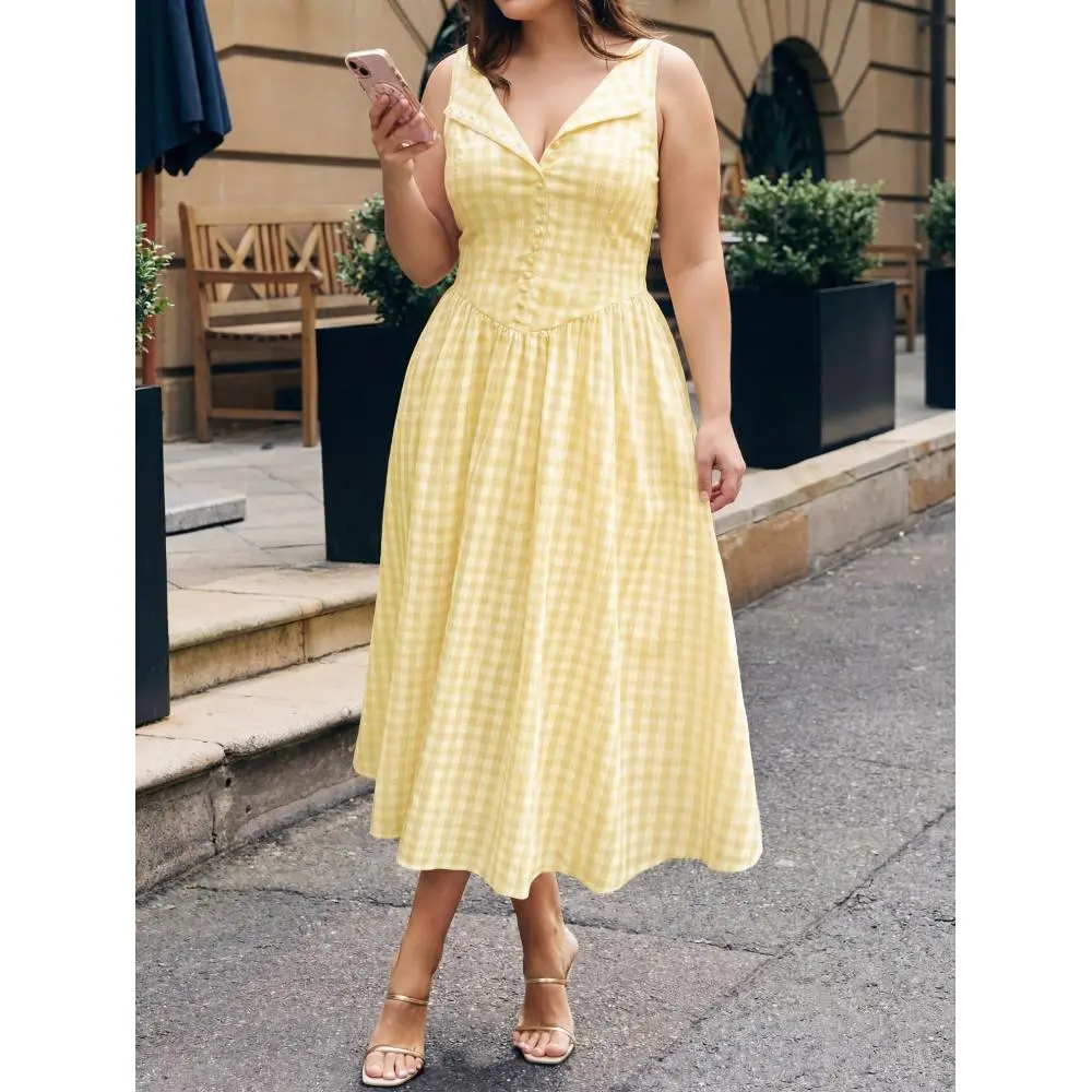 Womens Plus Size Gingham Plaid Sleeveless V Neck Collar Midi Dress Vintage Swing Casual Dress