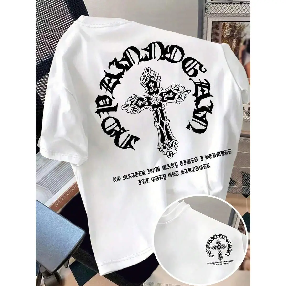 Men's Ornate Cross Double Sided Graphic Tee Slogan & Cross Print Short Sleeve Casual Gothic Streetwear T-Shirt