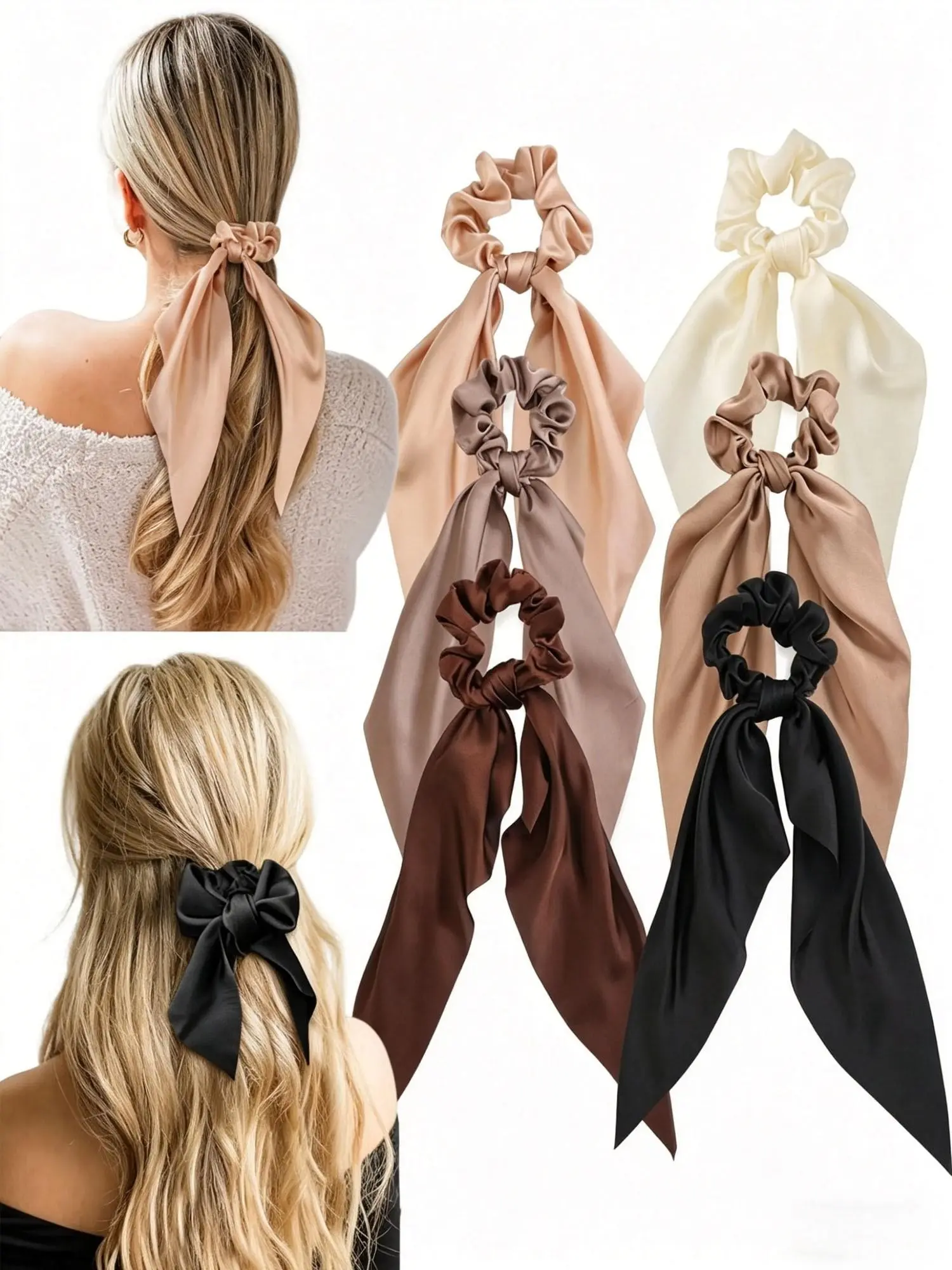 6 Pcs Bow Silk Scrunchies, Hair Ties with Bows, Elegant Hairstyles for Women & Girls, Soft Silky Texture, Perfect Gift Idea