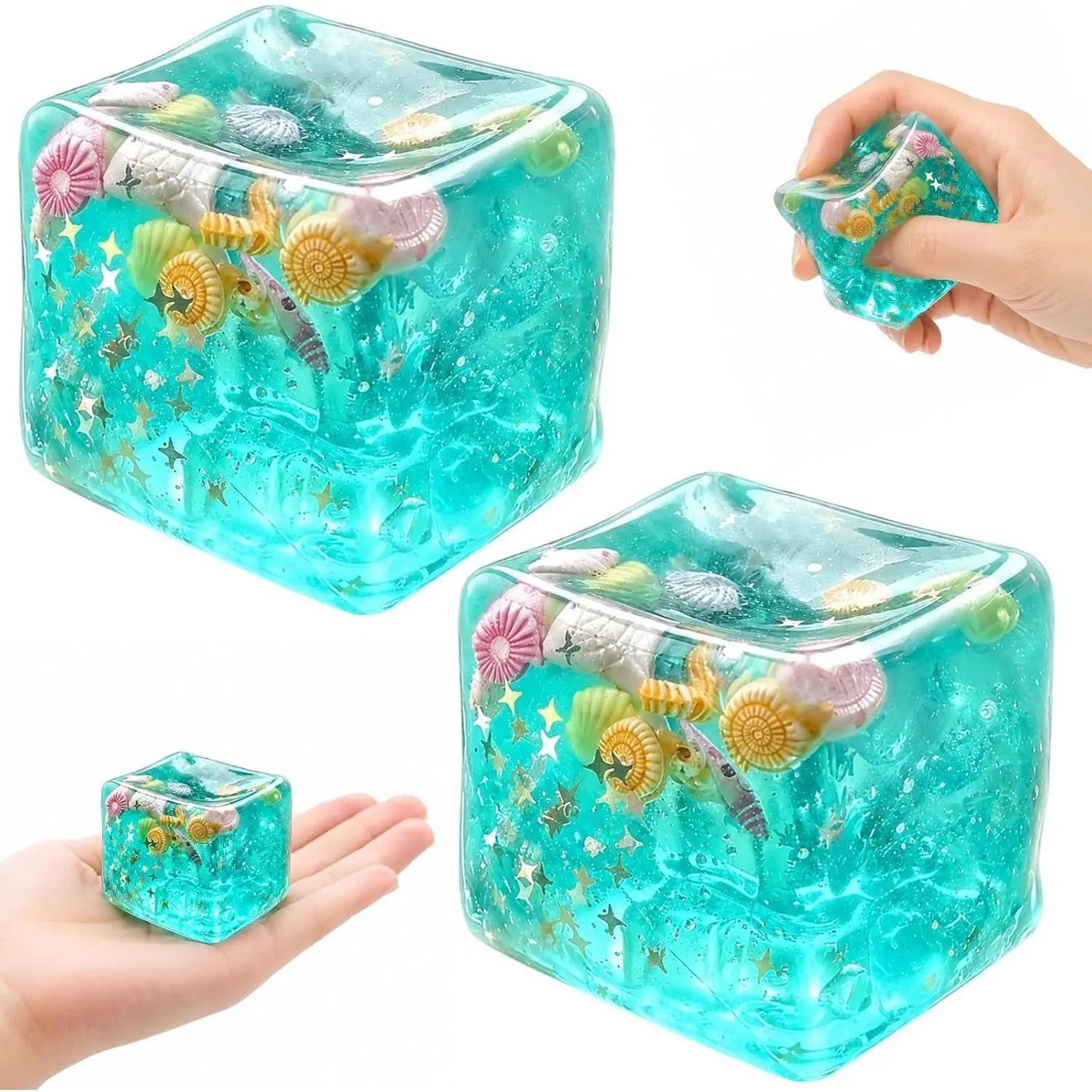 2 Pack Ocean Squishy Balls with Real Sea Shells, 1.77" TPR Sensory Fidget Toys for Focus & Relaxation (Ages 14+)
