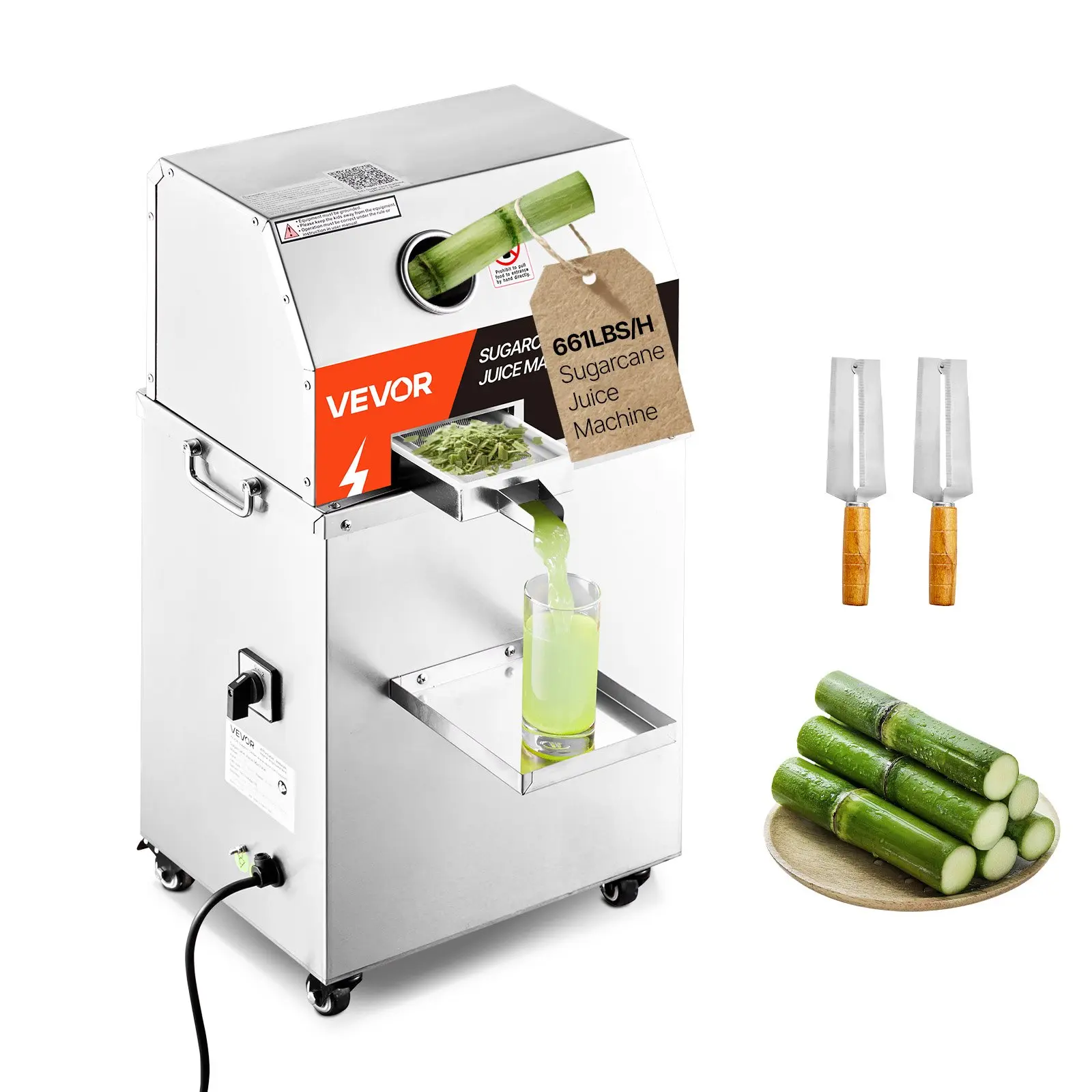 VEVOR Commercial Stainless Steel Sugar Cane Press, 800W Power Juicer with 3 Rollers, 661LBS/H High Juice Output Extractor, Wheeled Electric Model for Commercial Use