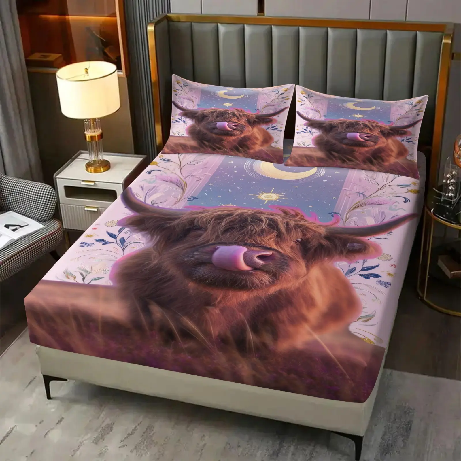 Dreamy Highland Cow Sun Moon Floral Patchwork Pattern 3 Piece Fitted Sheet Set, Whimsical Bedding Set, Digital Printing, (No Filling, 1 Fitted Sheet, 2 Pillowcases), Farm‑Vibe Printed Bed Cover for Bedroom, Dorm