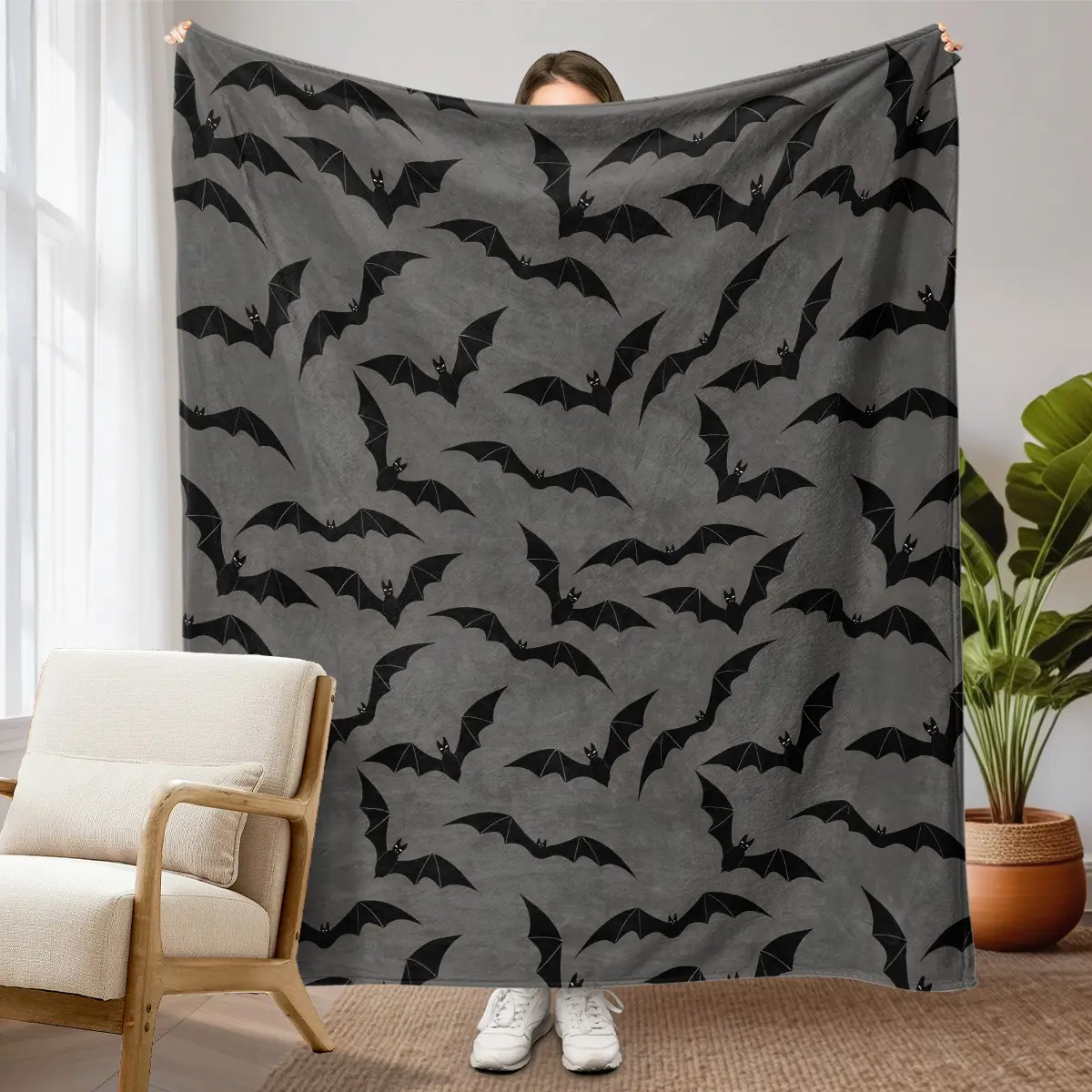 1pc Grey Background Simple Black Bat Halloween Fleece Blanket, Solid Base Cartoon Bat Silhouette Seamless All Over Print. Soft Warm Throw for Sofa, Bed, Office, Camping Trip, Ideal Halloween Gift.