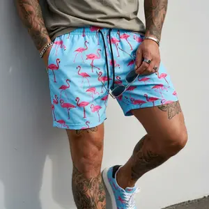 Men’s 2-Pack Graphic Print Compression Shorts, Purple Monster Blue Flamingo Tropical Print, Quick Dry Drawstring Pocket Slim Fit, Hot Beach Streetwear Essential For Vacation Daily OOTD lightweight quick-dry everyday lounging