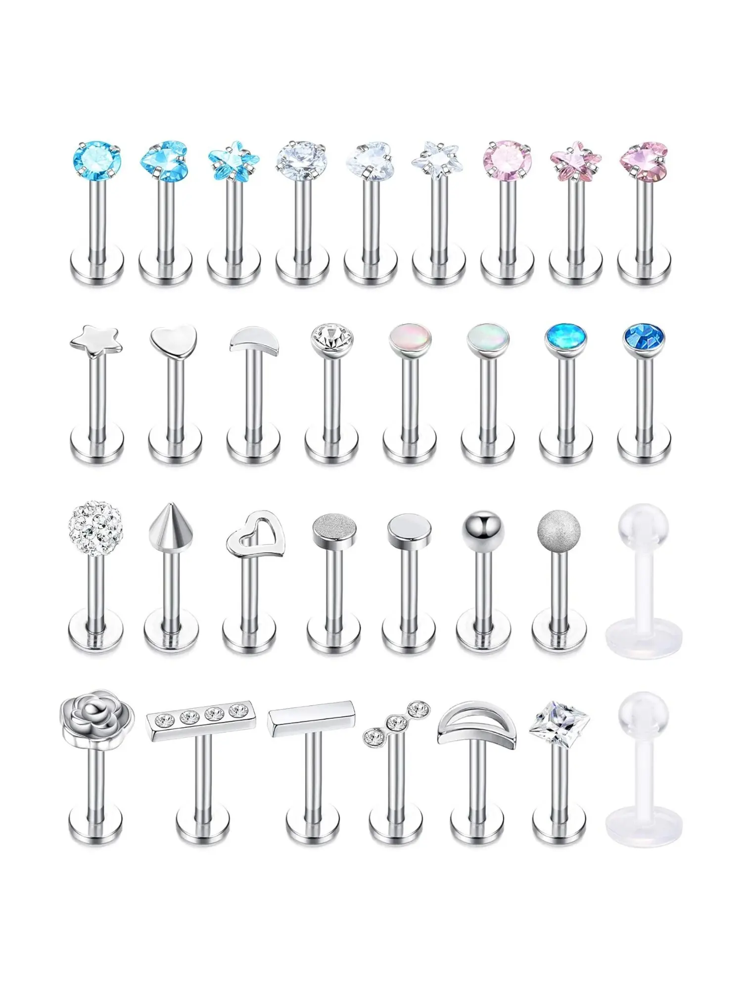 32 Pcs Silvery Multi-Shape Mini Labret Piercing Set for Unisex Stainless Steel Flat Base Cartilage Piercings Soft Clear Acrylic Posts Complete Mixed Series of Colorful CZ Opal Solid Geometric Floral Piercing Tops Delicate Compact Body Ornaments