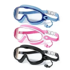 3 Pack Swimming Goggles, Pool Goggles, swimming goggles set, children's goggles with earplugs and nose clip, large-frame anti-fog/UV-protection wide-view swimming goggles, suitable for boys and girls aged 3-14