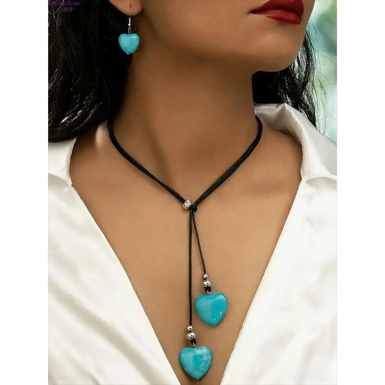 3-Piece Boho Jewelry Set with a Turquoise Heart Pendant Necklace and Ethnic-Inspired Oval Gemstone Earrings for Women, for Party & Daily Wear, Fashion, Jewelry For Women, Retro Ethnic, Boho Aesthetic Necklaces, Ethnic Pattern Necklaces