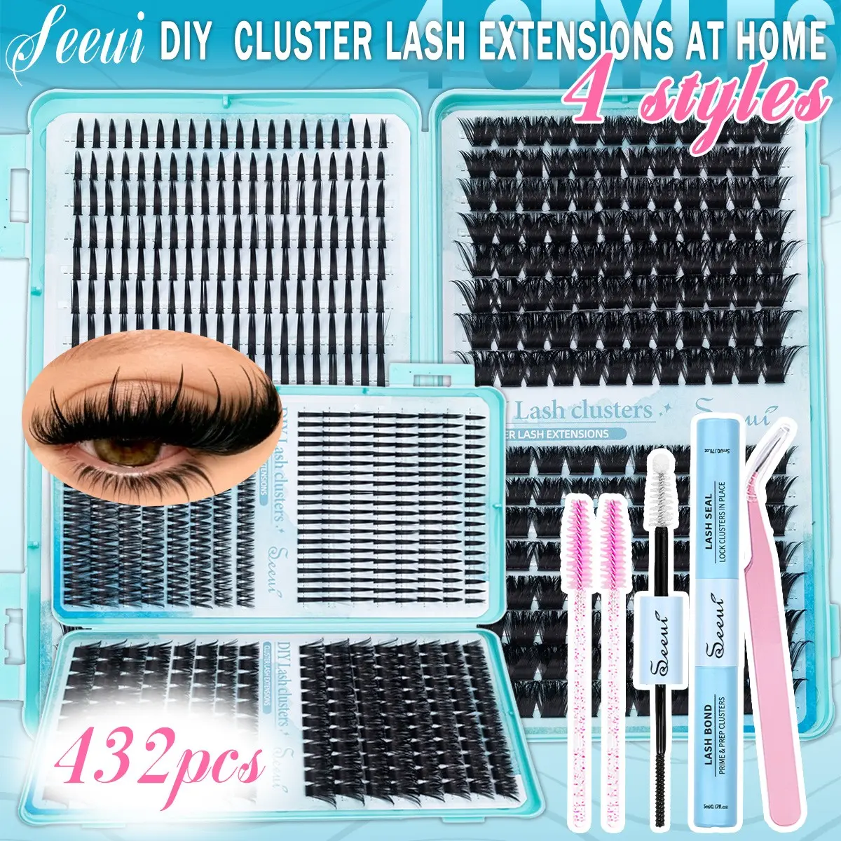 Lash Clusters Kit, DIY Lash Clusters, Spiky/Volume D Curl Eyelashes, Summer Limited, 9-16mm Mixed Length, Dense Fluffy False Lashes, Eyelash Extensions, Individual Lashes Thick Cluster Lashes, Reusable Faux Mink, Includes Bond&Seal, Brushes & Tweezers