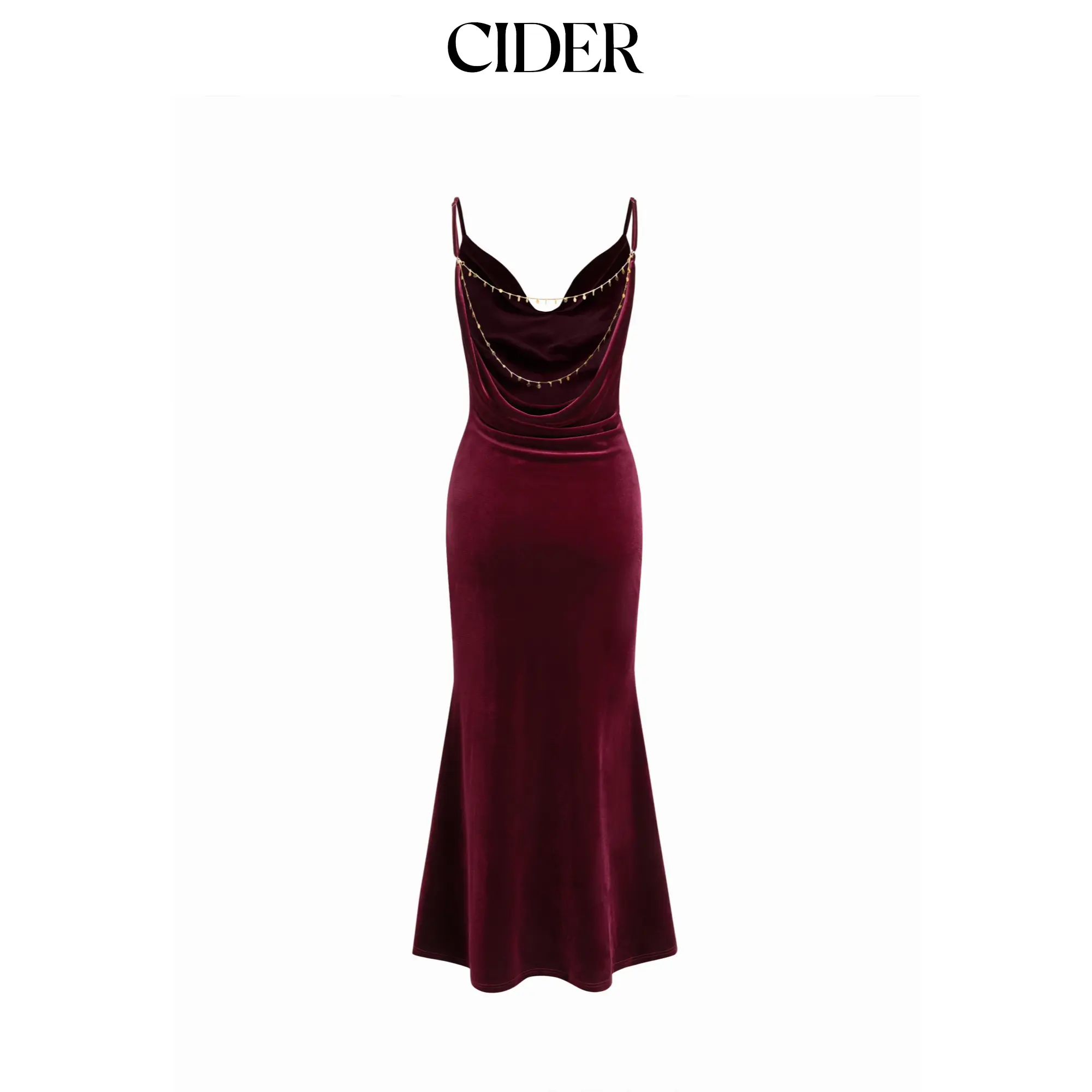 Cider Velvet Cowl Neck Backless Chain Detail Mermaid Maxi Dress