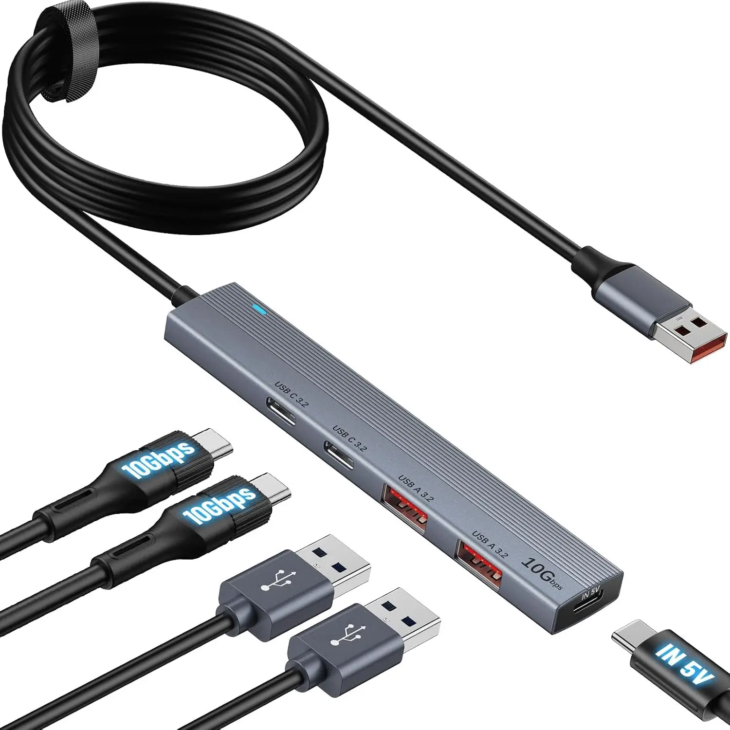 USB 3.2 Gen 2 Hub with 2 USB-A & 2 USB-C Ports, 10Gbps USB Splitter with 4ft Long , USB Data Extented with 5V3A Type-C Power Port, Compatible for Laptop, iMac Laptop and