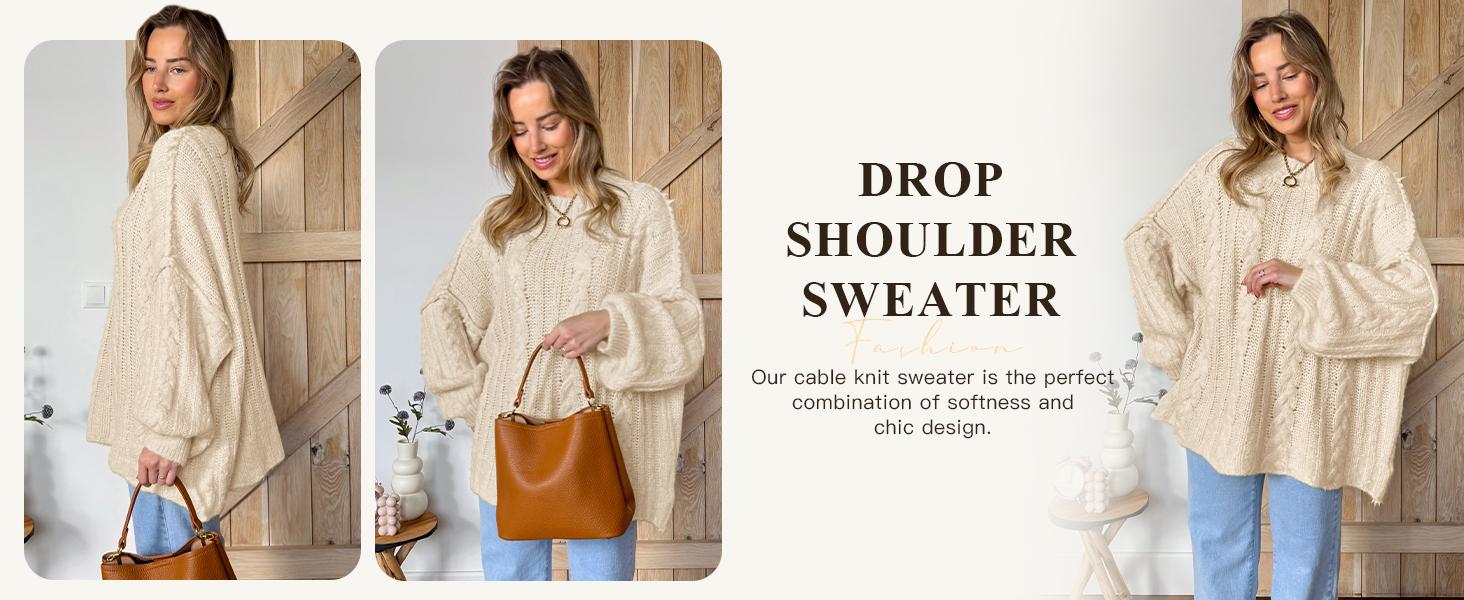 Womens Oversized Sweaters Chunky Cable Knit Crew Neck Casual Long Lantern Sleeve Fall Tunic Sweater Tops
