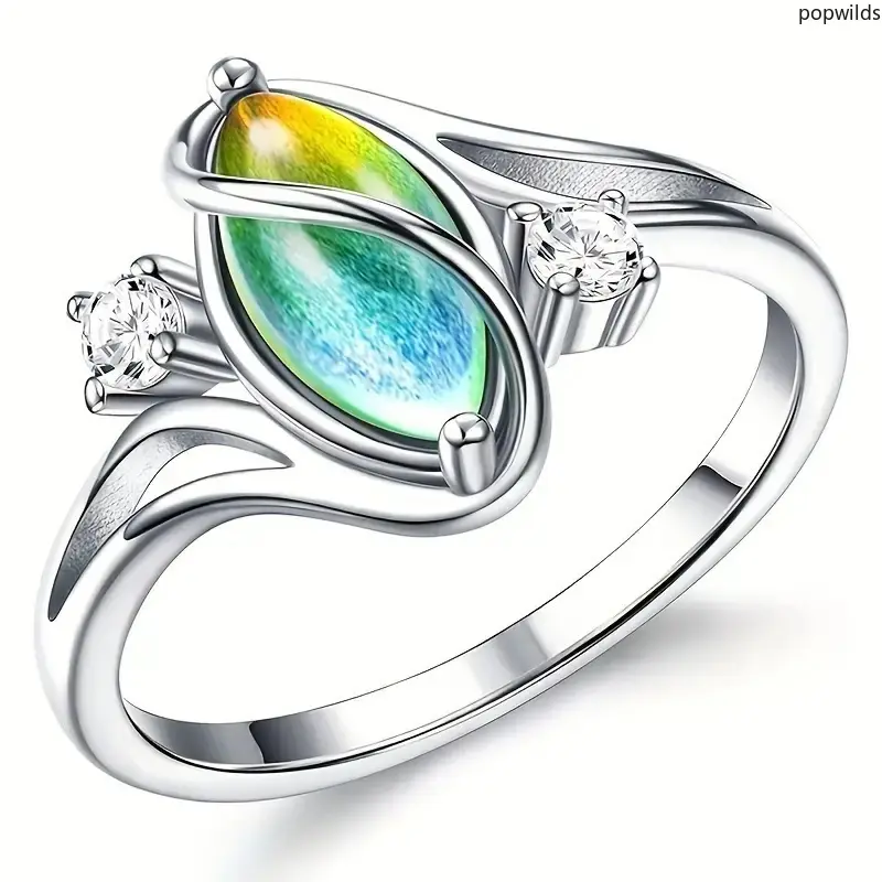 Trending Marquise Cut Mood Ring, Silver-Plated Color-Changing Cat Eye Stone for Women's Casual Wear, Trendy Look