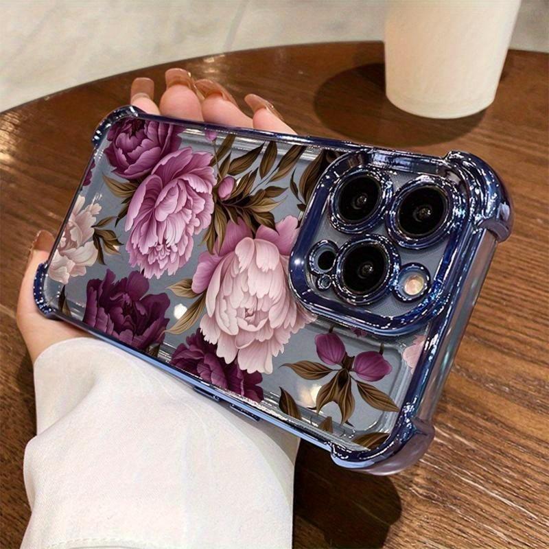 Purple Peony Pattern, Four-corner Electroplating Anti-drop, Non-slip TPU Full-cover Lens Mobile Phone Protective Case, Suitable for IPhone 17 16 15 14 13 12 11 XS X and Other Series Models, Can Be Given As A Gift To Friends or Family
