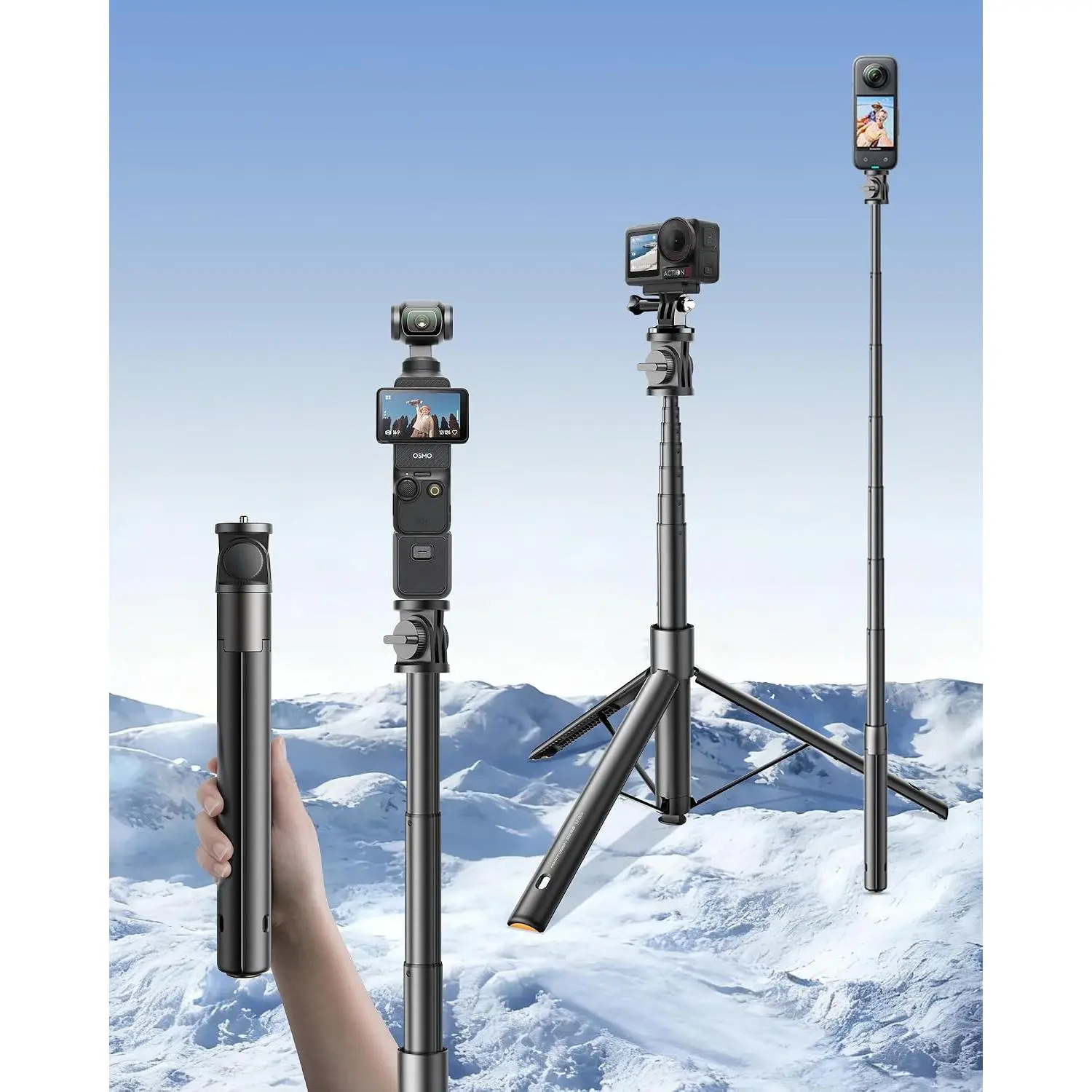 Windproof 63" Selfie Stick Tripod for   Pocket 3, Auto-Opening Upon Ground Contact, 8 Levels Adjustment Action Camera Tripod with 1/4" Screw Accessory for   Pocket3