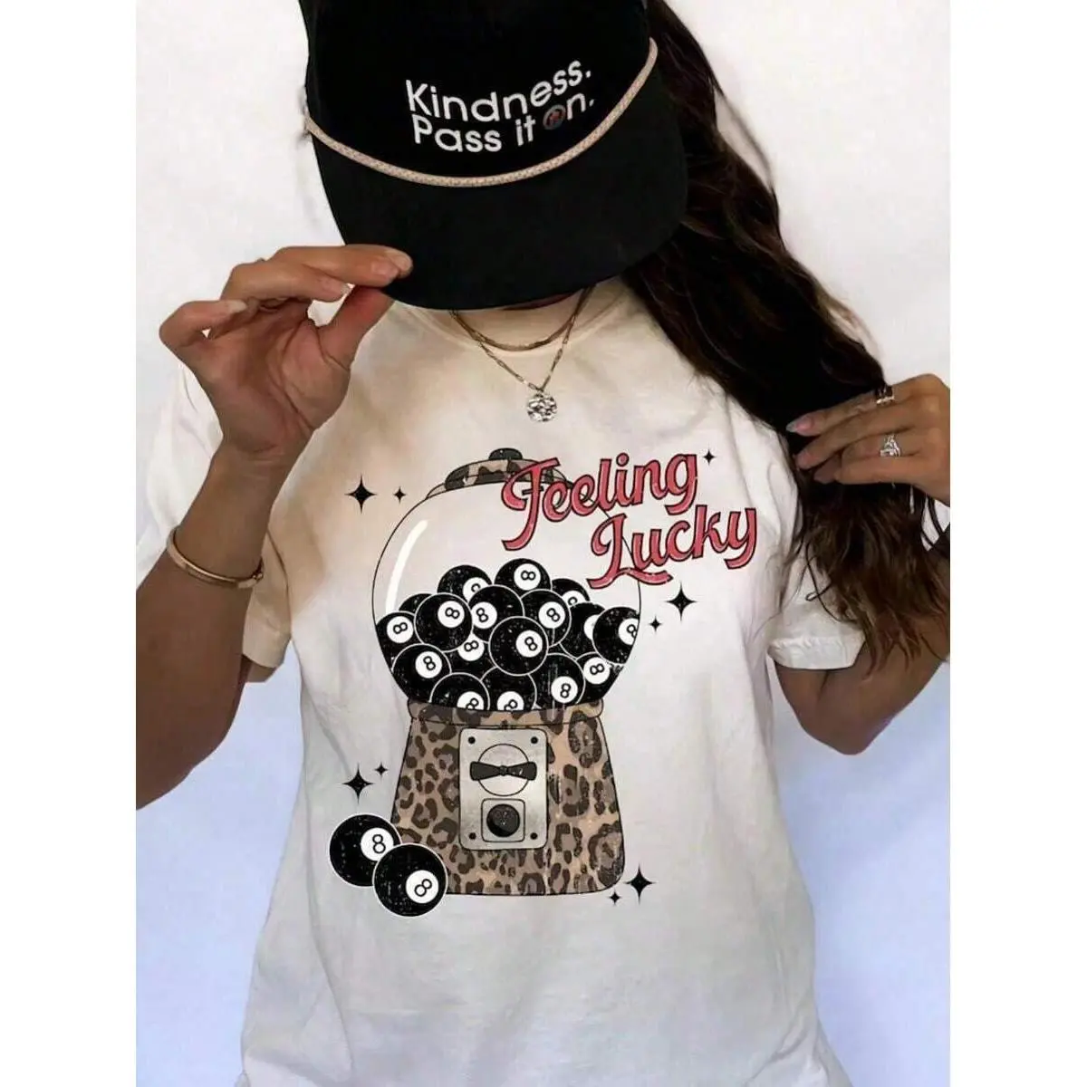 Women's Vintage Streetwear Graphic T-Shirt, Breathable Oversized Cotton Shortsleeve with 'Feeling Lucky' 8-Ball Print for Casual Wear, Aesthetic, Everyday, Fabric