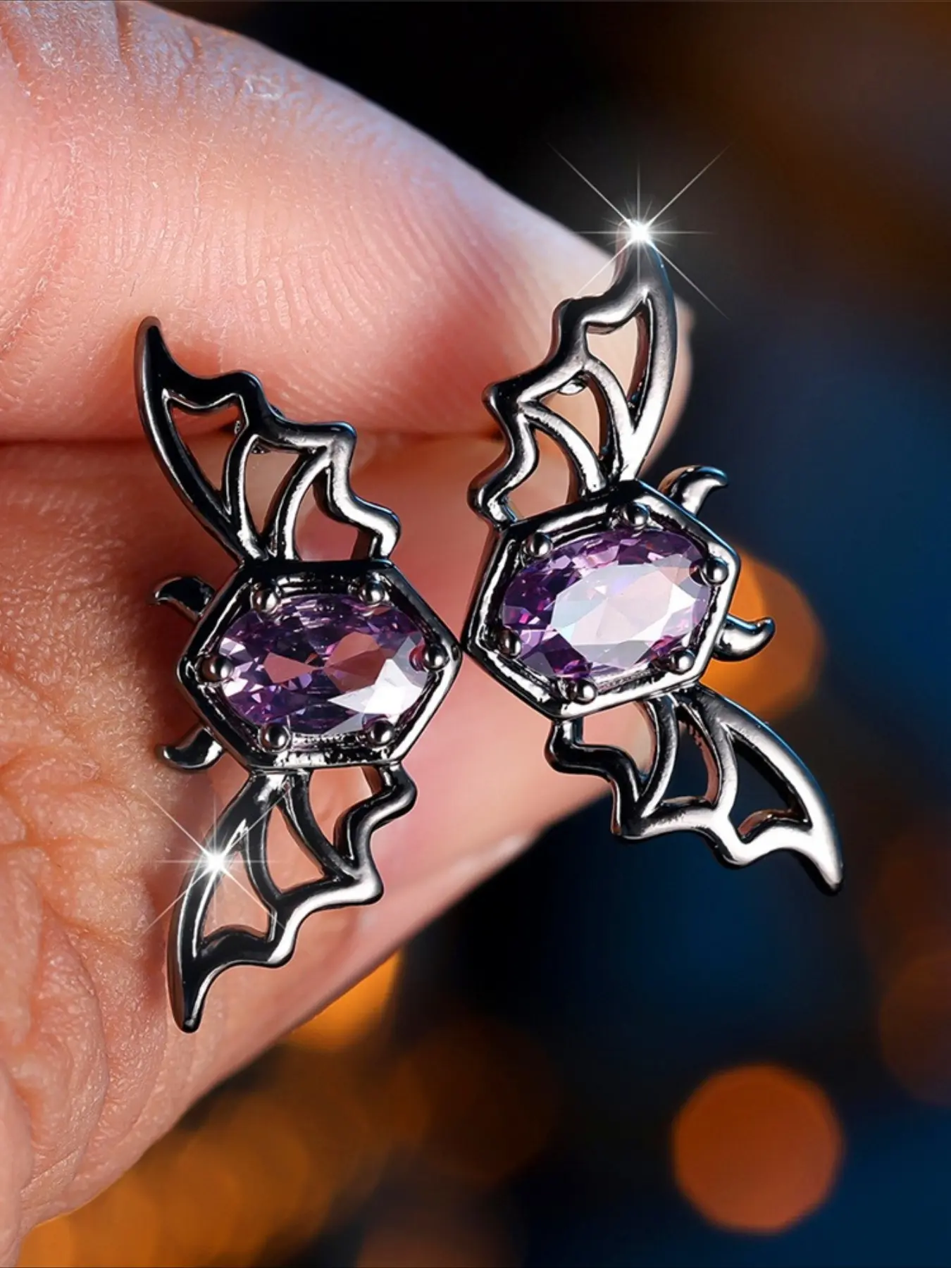 Gothic Black Bat Stud Earrings for Women Purple Hexagonal Cubic Zirconia  Earrings Vintage Dark Witchy Halloween Jewelry Gift Daily Vacation Music Festival Party ，Gift for Her