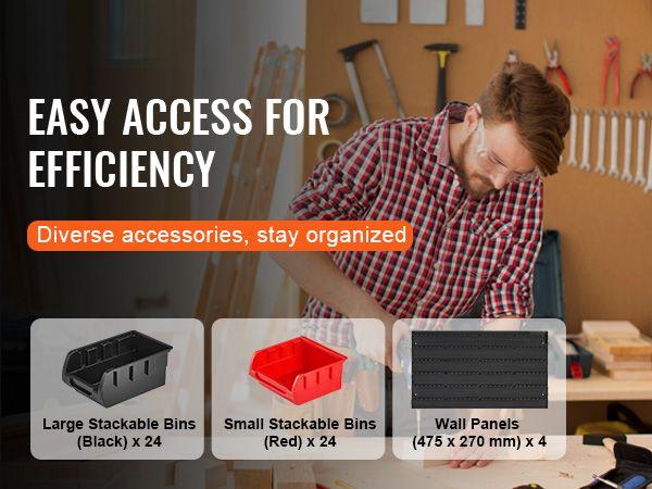 Wall Mounted Storage Bins, 48-Bin Parts Rack Organizer Garage Plastic Shop Tool with Wall Panels, Tool Organizer for Nuts, Bolts, Screws, Nails, Beads, Buttons, Other Small Parts, Black and Red