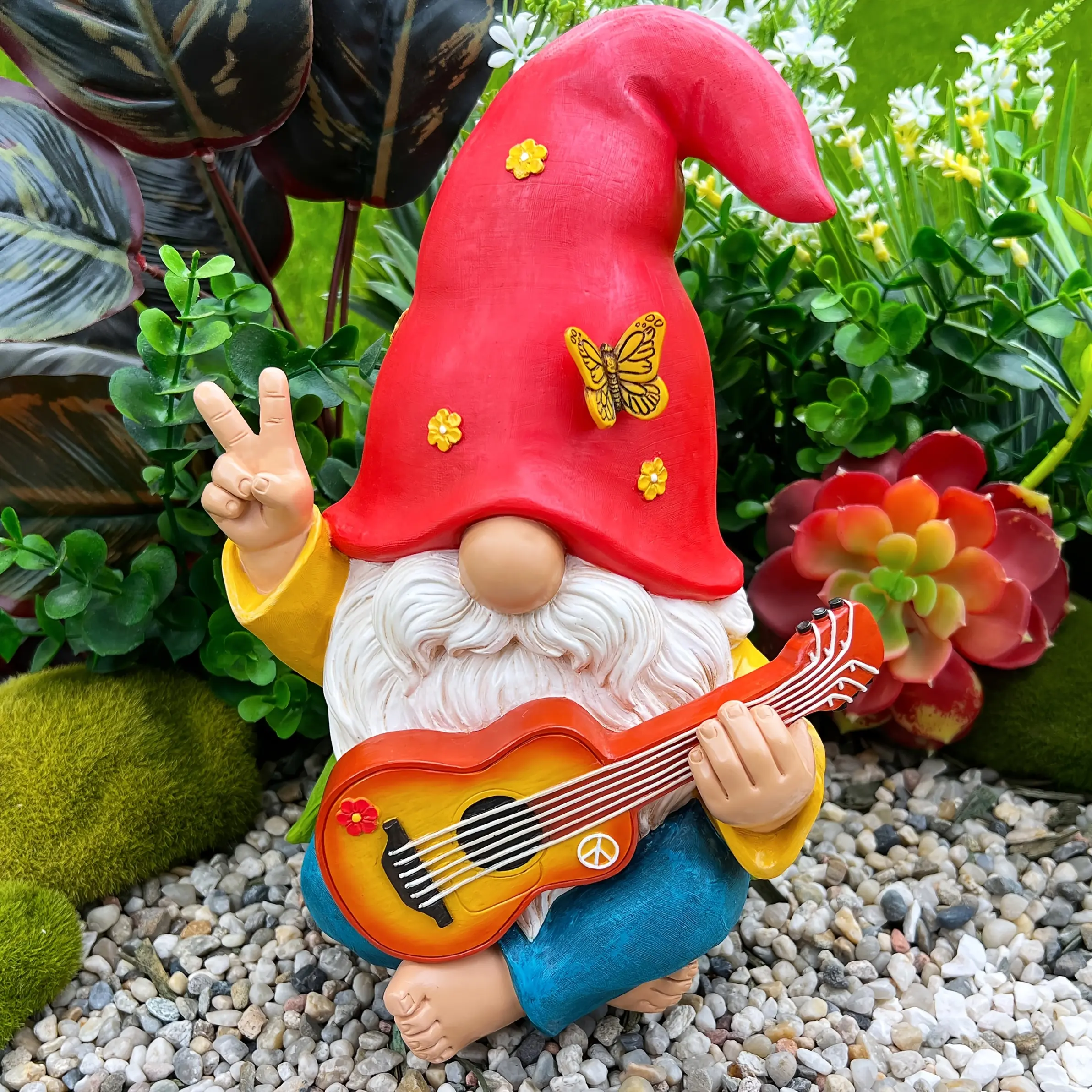 1Pc Hippie Guitar Garden Gnome Statue Peace Symbol Cute Waterproof Resin Lawn Ornament Outdoor Figurine For Yard Patio Lawn Flower Pot Indoor Home Decor Christmas Easter Garden Party Decor Gardener Gift