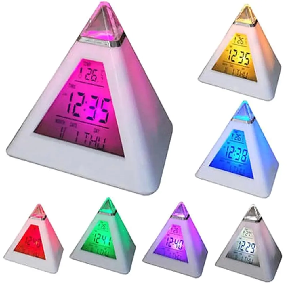 GAOMON Digital LED Alarm Clock, Pyramid Shape Digital Led Alarm Clock Time Date Temperature Display 7 Colors Changing Night Light Desk Clock with Temperature Time Date for Bedroom Living Room (White)