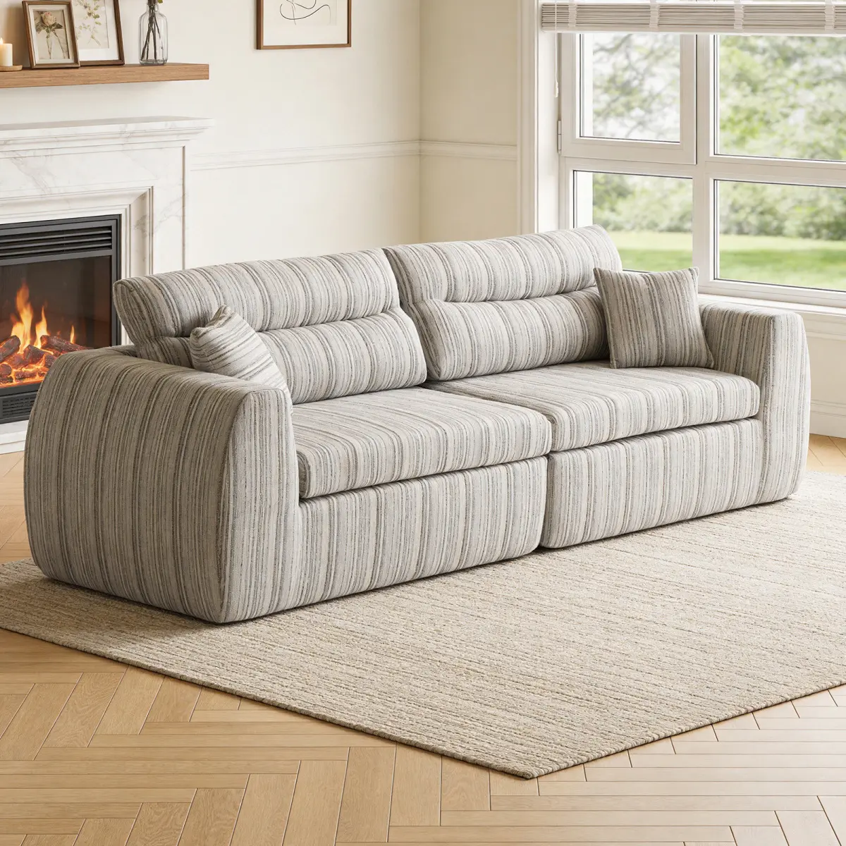 Chenille Stripe Fabric Compressed Sponge Sofa, 3-Seater Modern Upholstered Couch with Throw Pillows for Living Room, Apartment, Small Space(White & Taupe)