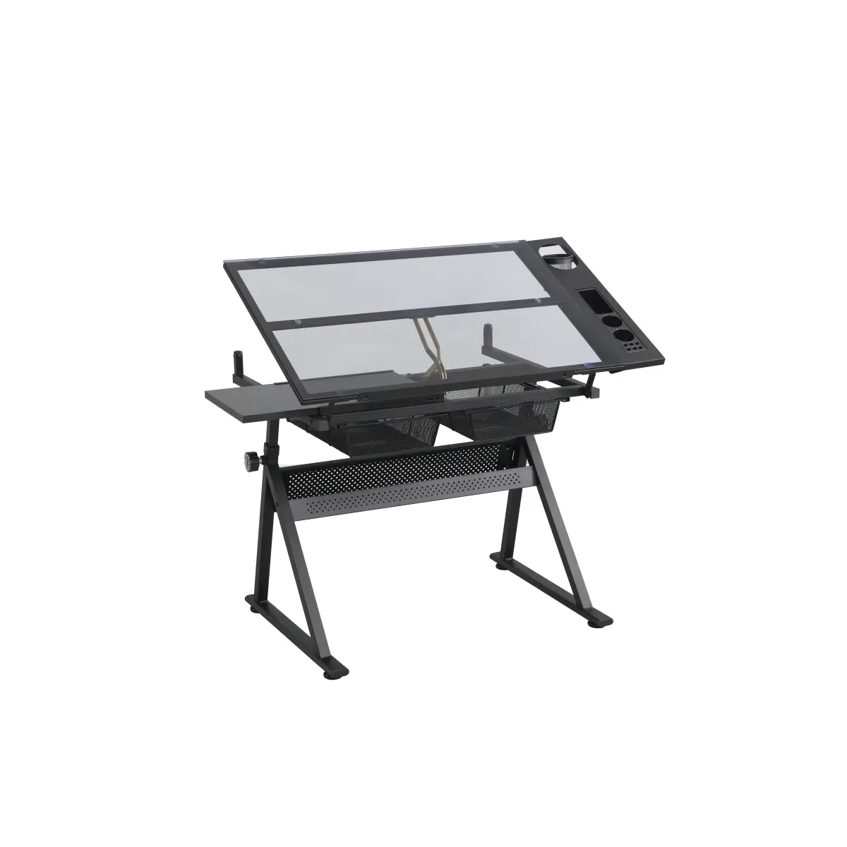 Drafting Table, 0-70° Adjustable Glass Top Artist Table  - Height Adjustable Drafting Desk with Large Storage for Painting & Crafting - Ideal for Designers and Art Students (black)