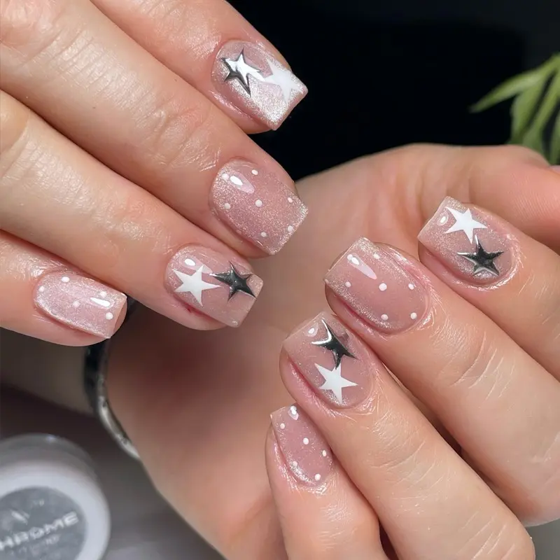 30 Pcs Short Ballet Press-On Nails, DIY Fake Nails, Glitter Nail Tips with Dots, Silver Color Star Decor, Reusable with Jelly Gel and File