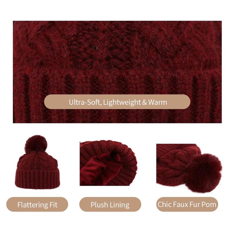 KatchMe Women's Versatile Fluffy Knit Thermal Crochet Hat, Slouchy Cable Beanie for Fall & Winter, Stretchy Warm Pom Pom Knitted Hat