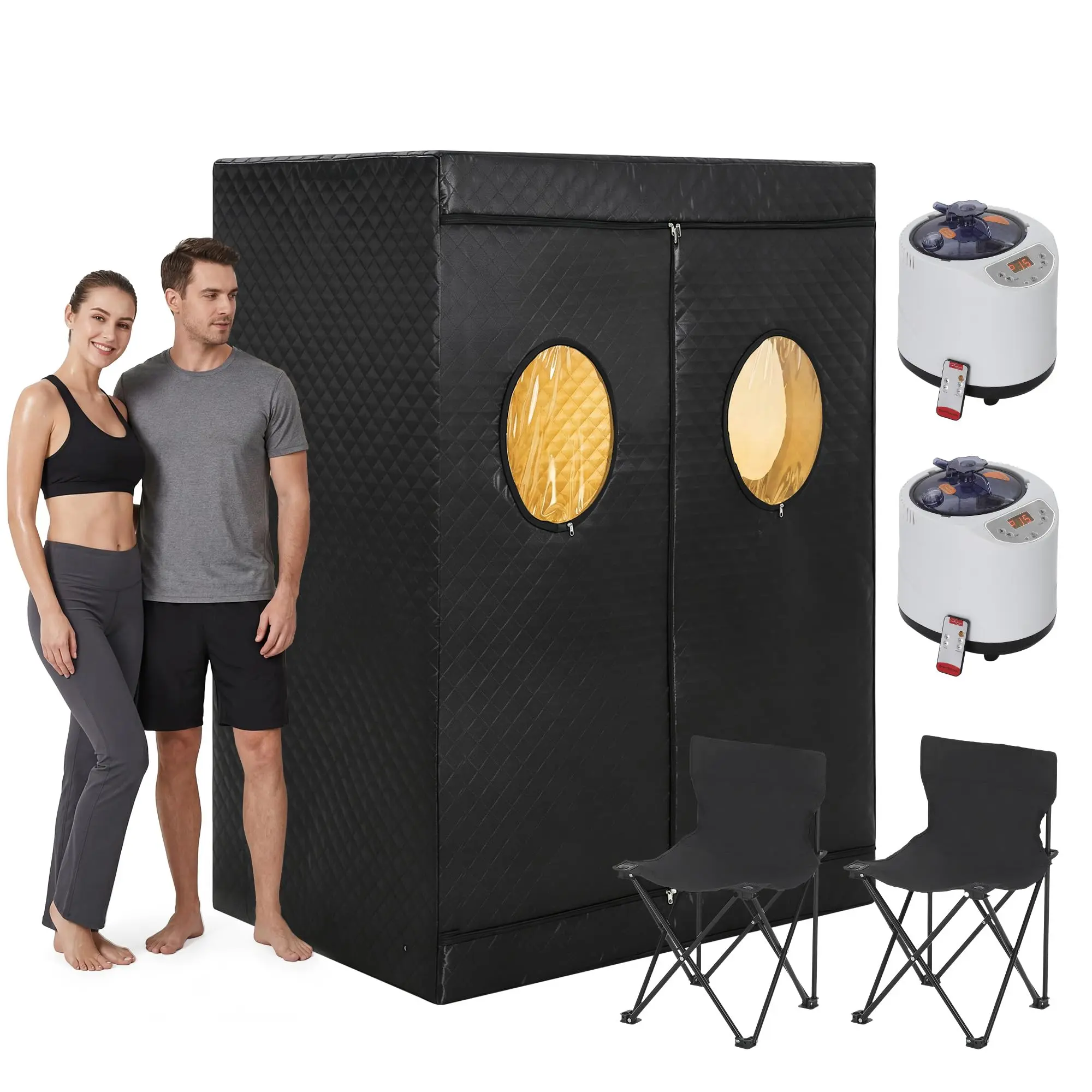 Garvee 2 Person Portable Home Sauna Tent with Upgraded 1400W 3L Steamer (x2), Sauna Pod Box Featuring 2 Foldable Chairs, 15-Level Remote Control, Dimensions 49"x31.5"x72" for Full Body Relaxation