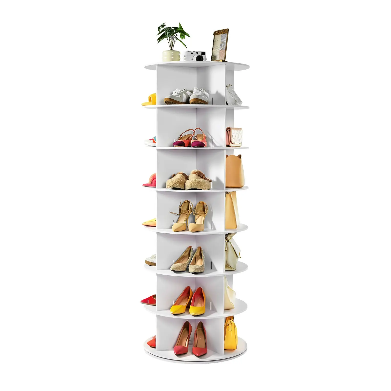 VEVOR 7-Tier Round Cylindrical Rotating Shoe Rack Organizer, 360-Degree Spinning Lazy Susan, 21cm Inner Height, Sturdy Screw-Fixed PVC Panels, Manual Assembly Required, Freestanding Corner Shelf for Bedroom, Entryway