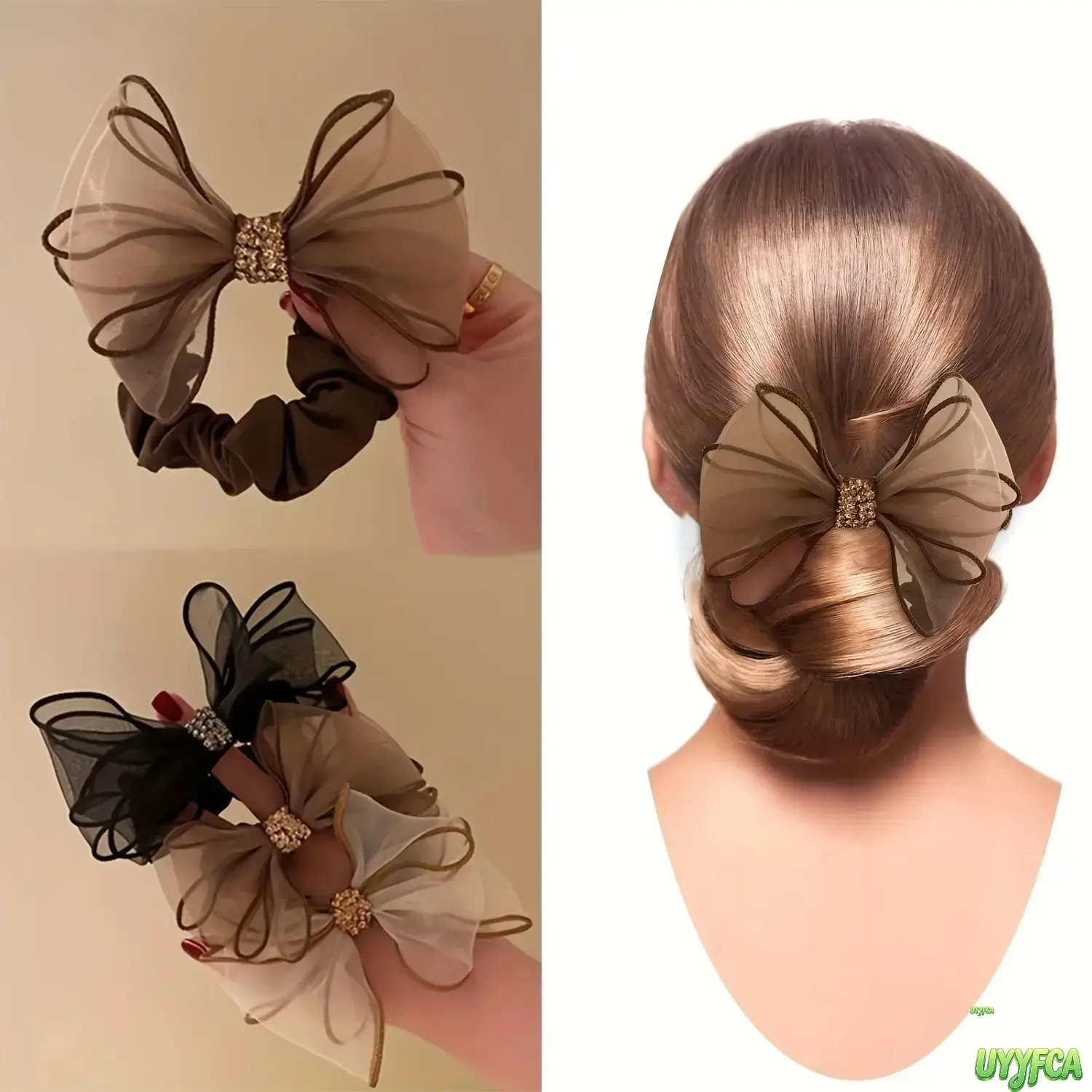 3 Pcs Elegant Sheer Organza Bow Scrunchie Set for Women, Sparkling Rhinestone Center Soft Satin Large Hair Ties, Coquette Aesthetic Elastic Hair Bands for Thick Hair, Elegant Sheer Mesh Ribbon Bow Hair Accessory