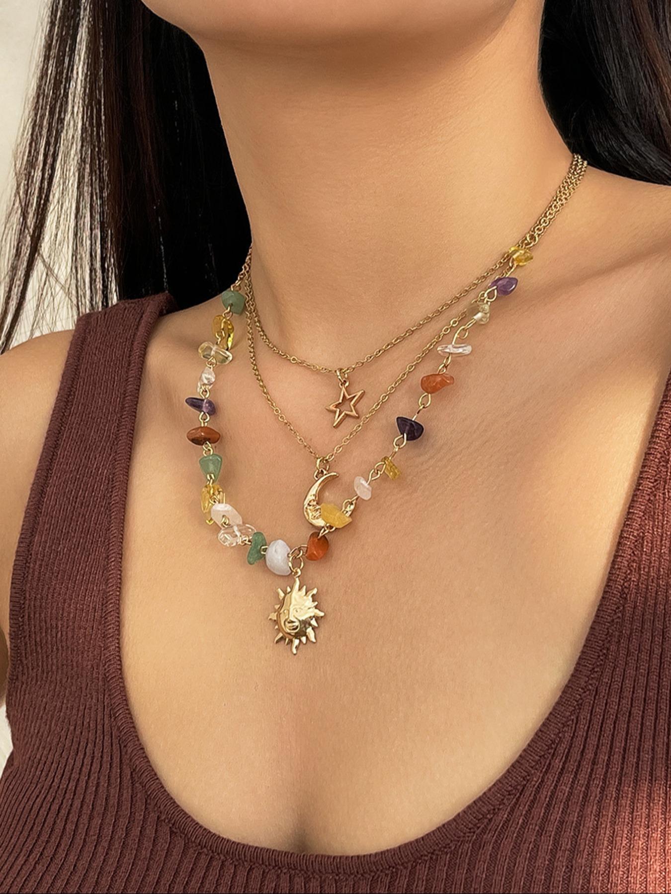 Women's Artificial Crystal & Star & Triple Moon Pendant Necklace, Star Shine Necklace, Jewelry for Party, Exquisite Jewelry for Gift, for Fall, Whimsical Necklace, Unique Gifts for Women, Statement Necklace