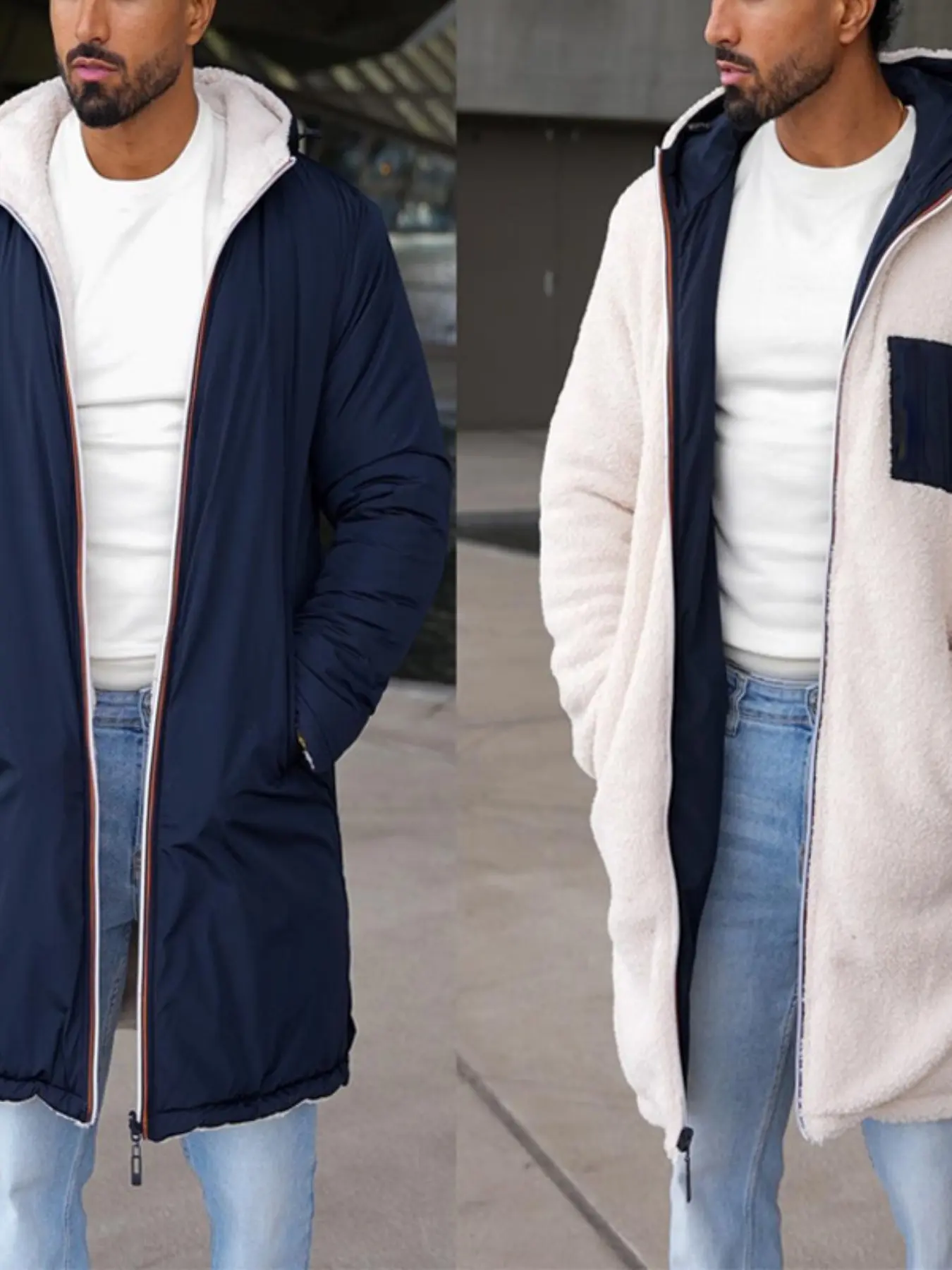 Double-Sided Fall Winter Hooded Jacket, Reversible Design Zipper Coat, Colorblock Warm Windbreaker, Men's Outerwear, Stylish and Practical