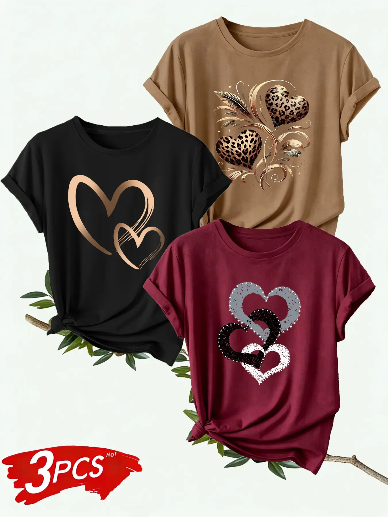 3-Pack Spring Summer Women's Heart Print Round Neck Short Sleeve Tops, Casual Sporty Style, Daily and Home Wear, Ladies Clothing