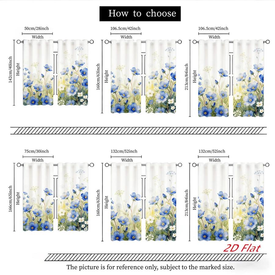 2Pcs Floral Rustic Blue Flower Meadow Sun Blocking Curtains Digital Printed Rod Pocket, Window Treatment For Bedroom Office Kitchen Living Room Study Home Decor