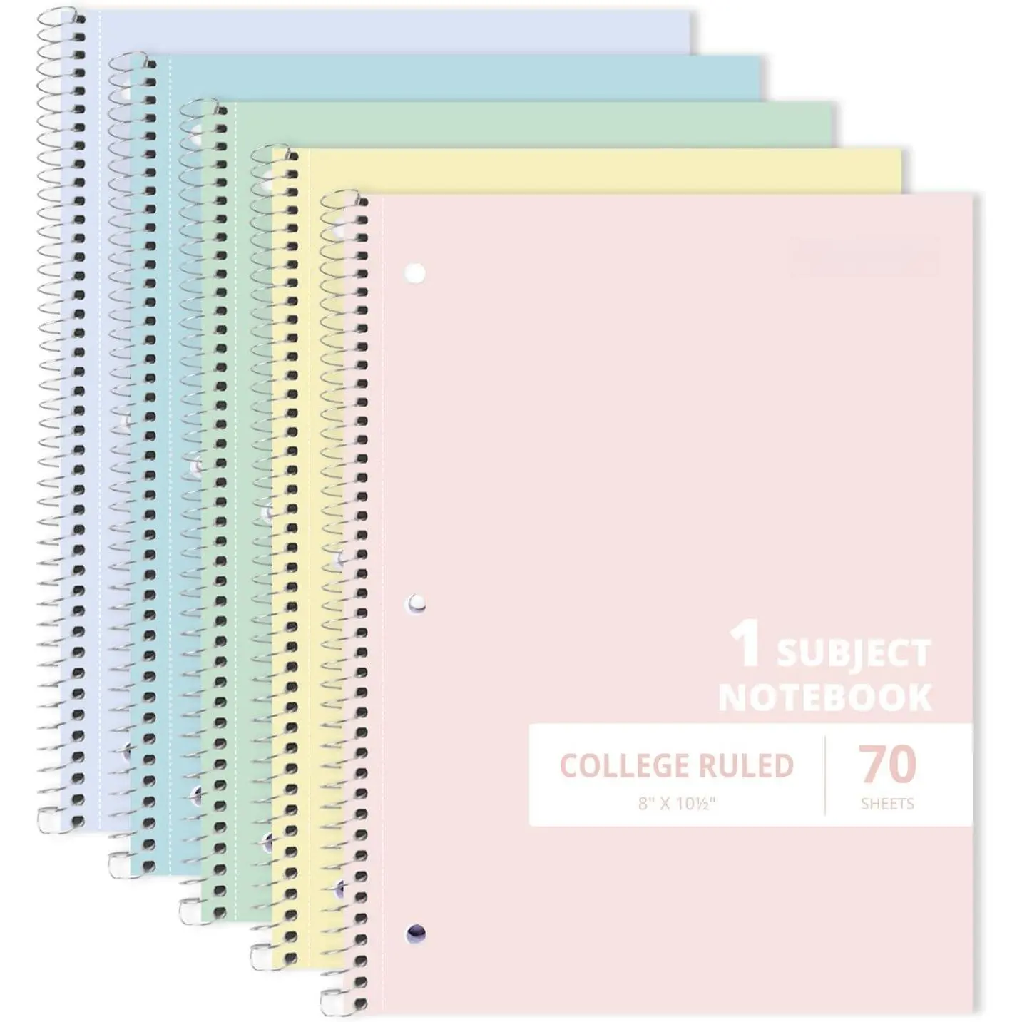 1 Subject Spiral Notebook College Ruled 5 Pack, 140 Pages,  | 70 Sheets, 8 x 10.5 in, 3-Hole Punched, School Notebook, Writing Notebook, Students, Study