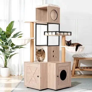 Aobtkel®63" Multi-Functional Cat Tree with Litter Box - Includes Removable Washable Cushion, Scratching Posts & Toy Hanger, Modern Design, Rustic Gray