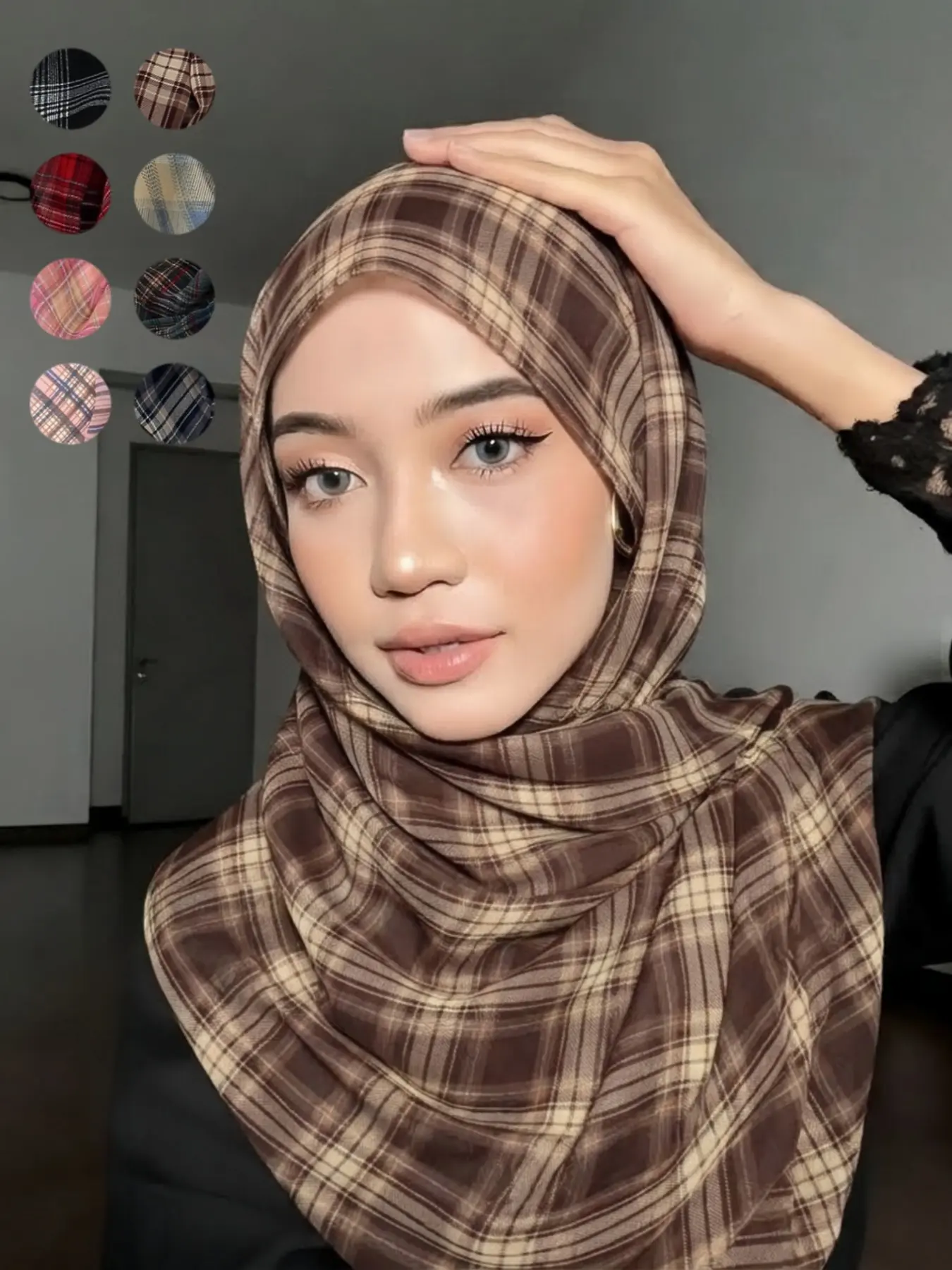 1pc Women Vintage Plaid Checkered Chiffon Hijab Shawl, Soft Lightweight Modest Headscarf, Elegant Hijab Wrap, Multi‑Color Retro Tartan Long Scarf For Daily Dress Matching