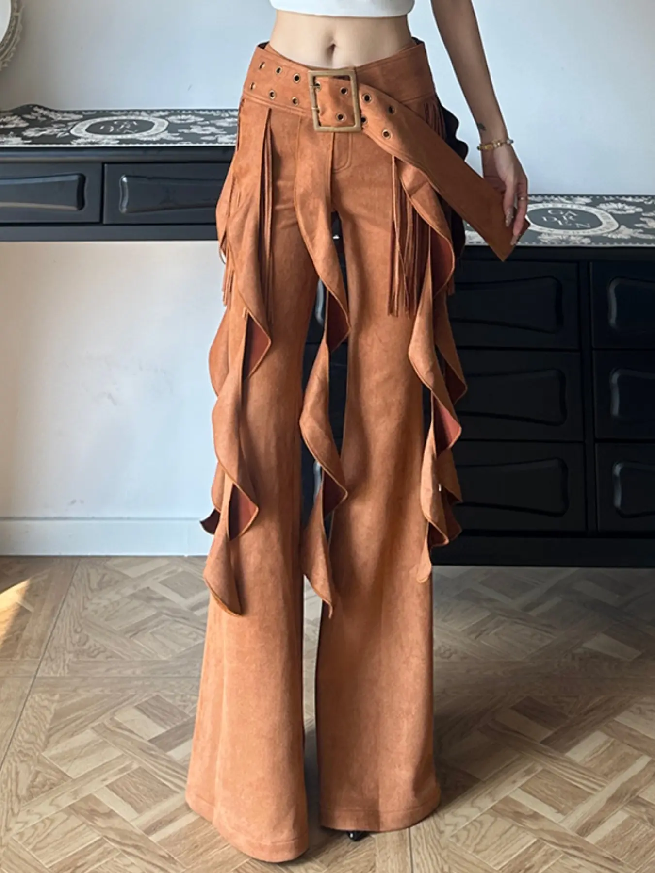 Women's High Waisted Suede Flare Pants, Vintage Western Bell Bottom Trousers with Removable Fringe Belt, Stylish Fashion Wear