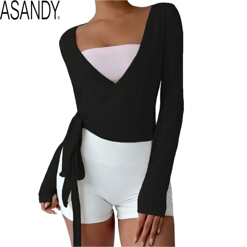 ASANDY Women's Cropped Wrap Yoga Top, Long Sleeve Knit Shirt with an Adjustable Tie-Waist for a Custom Fit and Elegant Drape, Lightweight, Workout Tops, Essential, Gym Clothes Women, Matte Buttery Soft Stretchy Women's Long Sleeves Sport T-Shirt, Nylon El