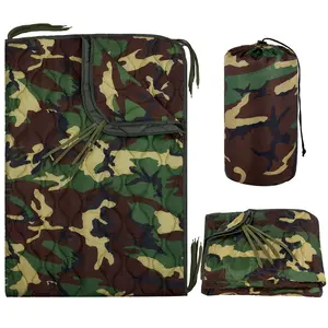 Green Camo Outdoor Camping Blanket Lightweight Quilted Survival Poncho Liner Water Resistant Compact Portable Warm Blanket for Hiking Backpacking Picnics