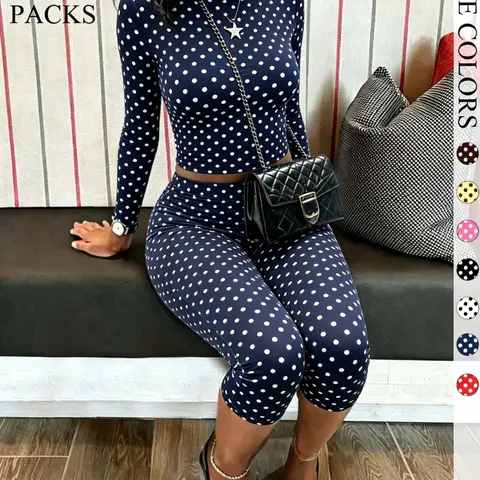 Women's Polka Dot 2 Piece, Crew Neck Long Sleeve Crop Top & Capri Leggings, Tummy Control High Waist Slim Fit Tracksuit