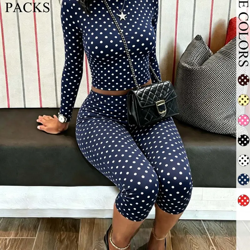 Women's Polka Dot 2 Piece, Crew Neck Long Sleeve Crop Top & Capri Leggings, Tummy Control High Waist Slim Fit Tracksuit