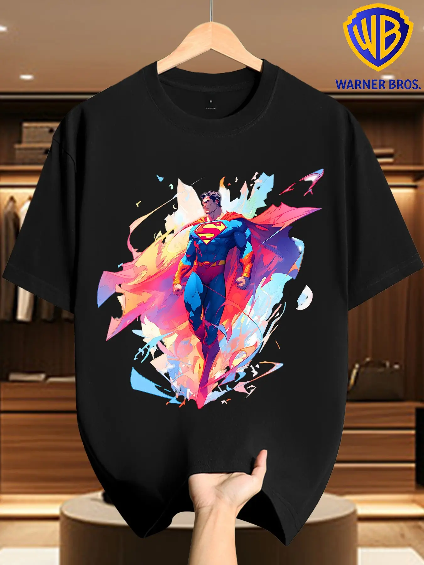 Warner Bros Men's Colorful Watercolor Superman Print T-Shirt, Anime Superhero Pattern Short Sleeve, Casual Bright Streetwear Top