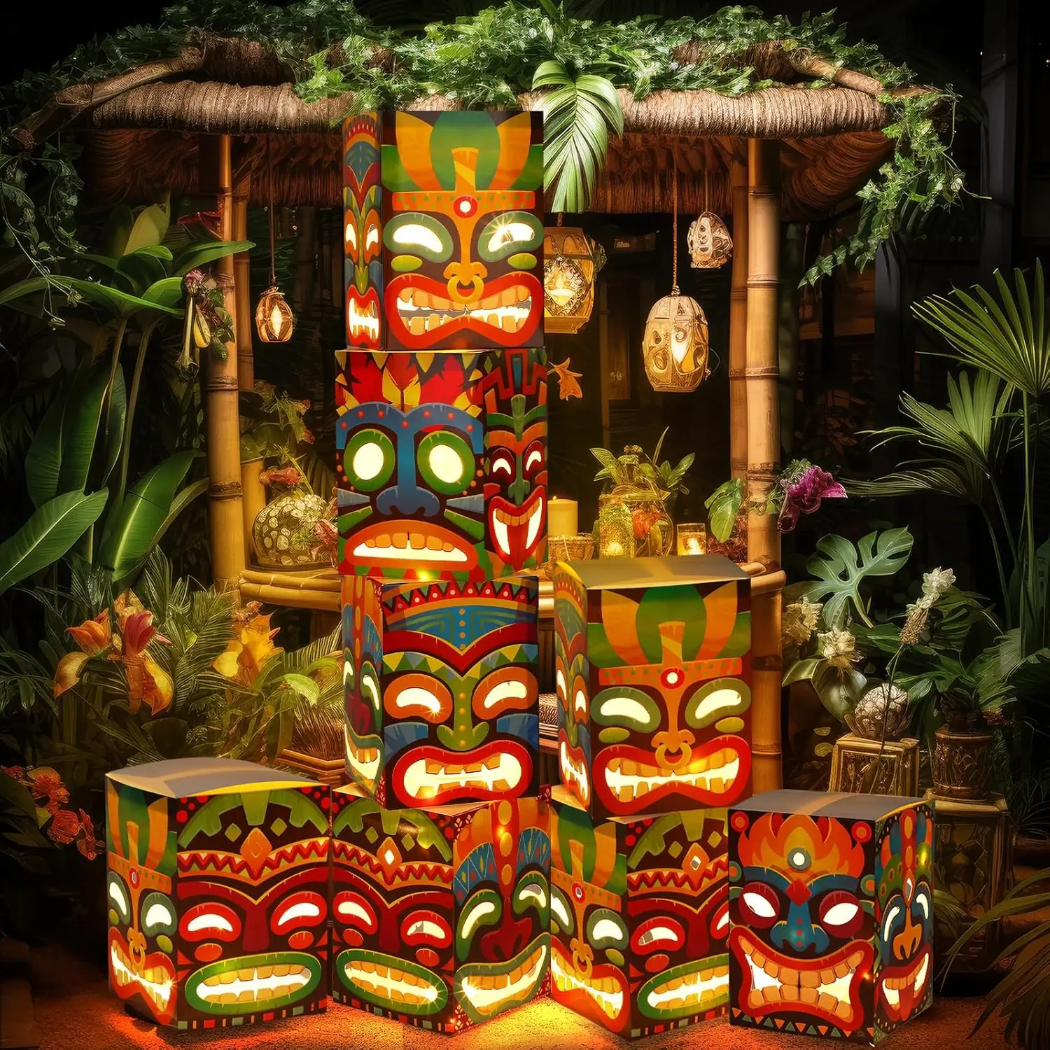 8 Pcs Tiki Totem Box Decor with Light, Luau Party Decorations for Hawaiian Birthday Party Tropical Aloha Decor 9.84 x 7.09 Tiki Lighted Gift Boxes for Garden Patio Porch Outdoor Decorfidget toys