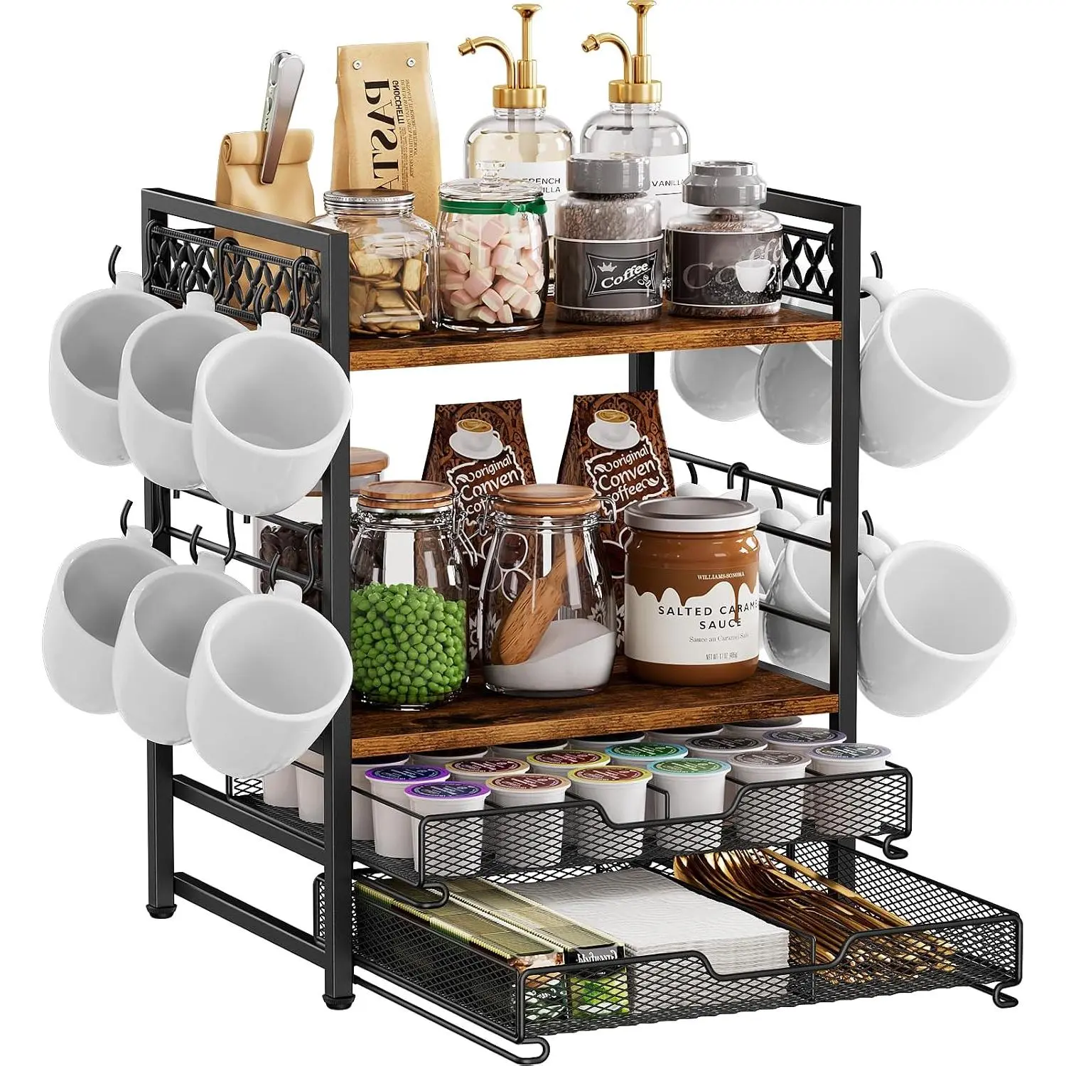 4-Tier Coffee Bar Station Organizer K Cup Holder for Countertop | 30 Coffee Pods Organizer, Mug Holder with 12 Hooks, 2 Drawers, Multifunctional, Kitchen, Dining Room, Office, Rustic Brown