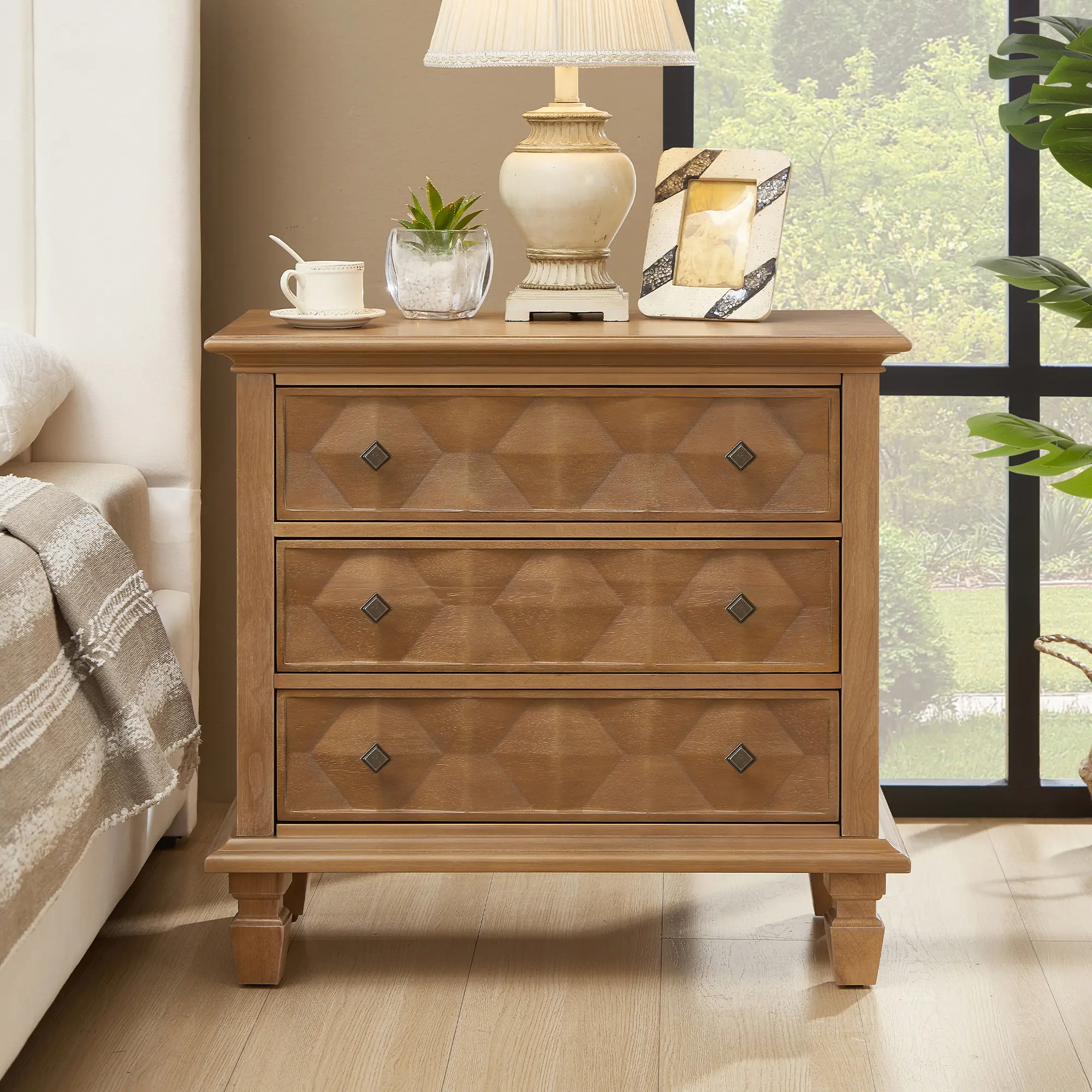 ARCH Farmhouse Nightstand with Charging Station, 3-Drawer Engineered Wood Storage Cabinet, Bedside Table for Bedroom, Natural Wood Finish, 28.5"W x 15.75"D x 27"H, USB Ports and AC Outlets, Small Space Furniture, Natural Wood Color Options
