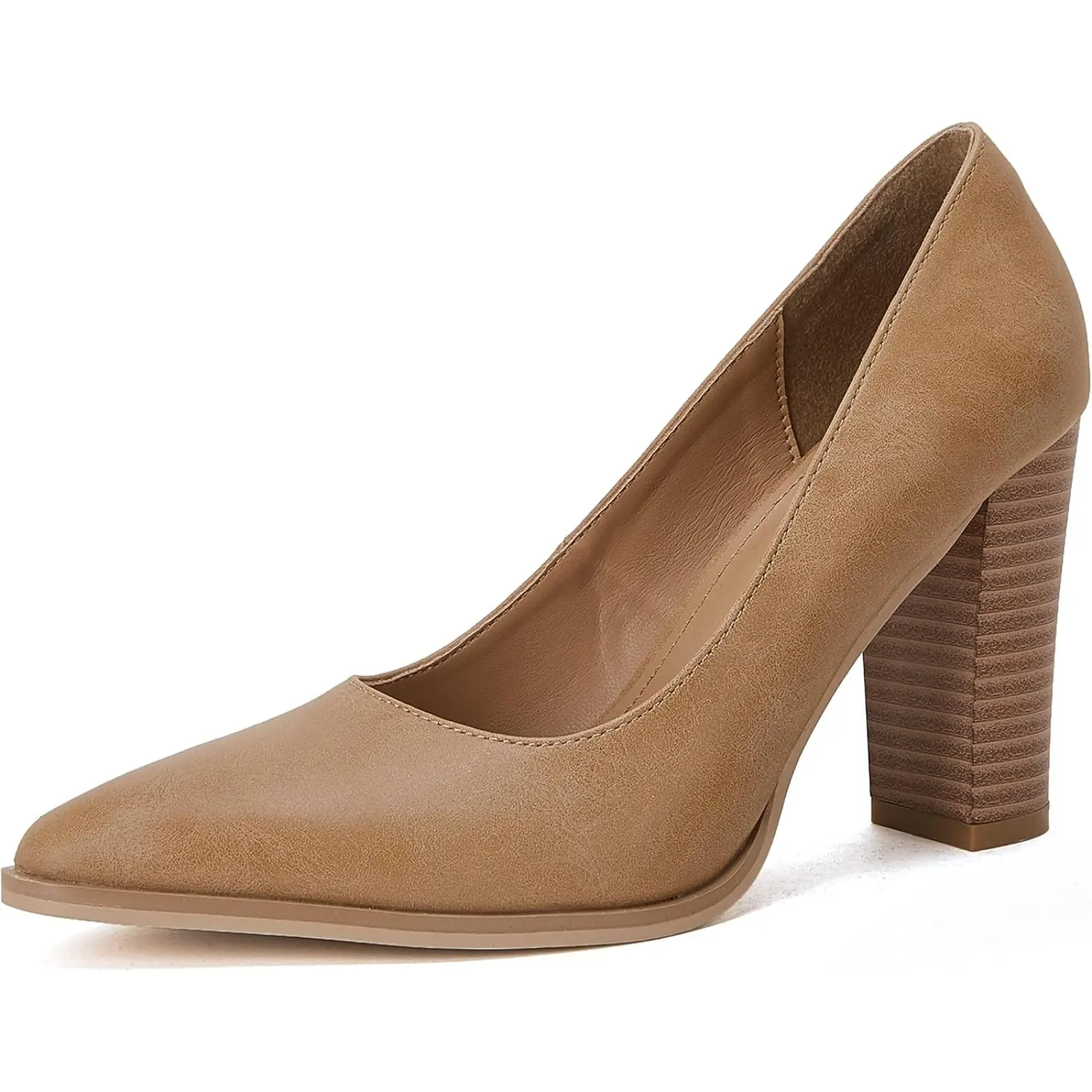 Coutgo Women's Pumps, Chic Pointed Toe Chunky Block Heels in Faux Leather, Lightweight Slip-On for Dress & Party